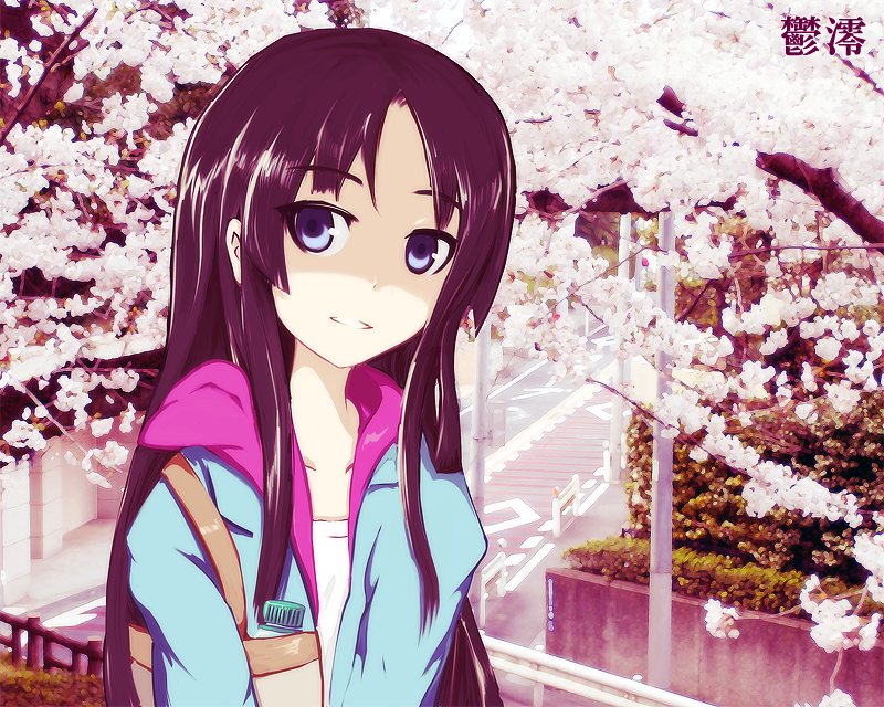 sne, akiyama mio, k-on!, bad id, bad pixiv id, 00s, 1girl, black hair, blue eyes, blunt bangs, casual, female focus, hime cut, long hair, outdoors, solo