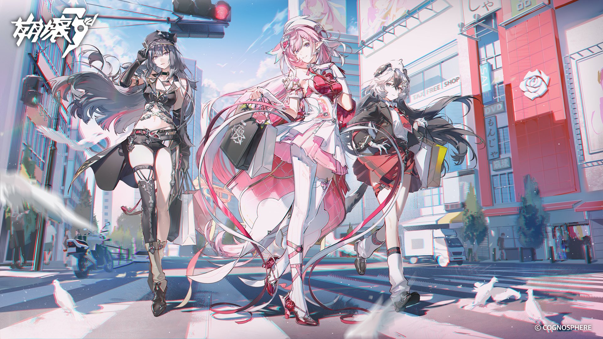 o0oherb, coralie 6626 planck, coralie 6626 planck (puppy patrol), coralie 6626 planck (valkyrie blastmetal), elysia (hi love elf) (honkai impact), elysia (honkai impact), erdos helia, erdos helia (salted plum), erdos helia (valkyrie boltstorm), honkai (series), honkai impact 3rd, commentary request, highres, official art, 3girls, animal, animal ears, animal on head, bag, beret, bird, black coat, black hair, black shorts, blue sky, breasts, building, cape, coat, company name, copyright logo, crop top, crystal, diamond-shaped pupils, diamond (shape), dog, dog ears, dog girl, dove, dress, elf, grey hair, hat, holding, holding bag, large breasts, logo, long hair, multicolored hair, multiple girls, navel, official alternate costume, on head, outdoors, pantyhose, peaked cap, pink hair, pointy ears, purple eyes, shibuya (tokyo), shirt, shopping bag, short shorts, shorts, signet of ego, single leg pantyhose, single thighhigh, sky, skyscraper, symbol-shaped pupils, thighhighs, tokyo (city), traffic light, two-tone hair, very long hair, white dress, white hair, white pantyhose, white shirt, white thighhighs