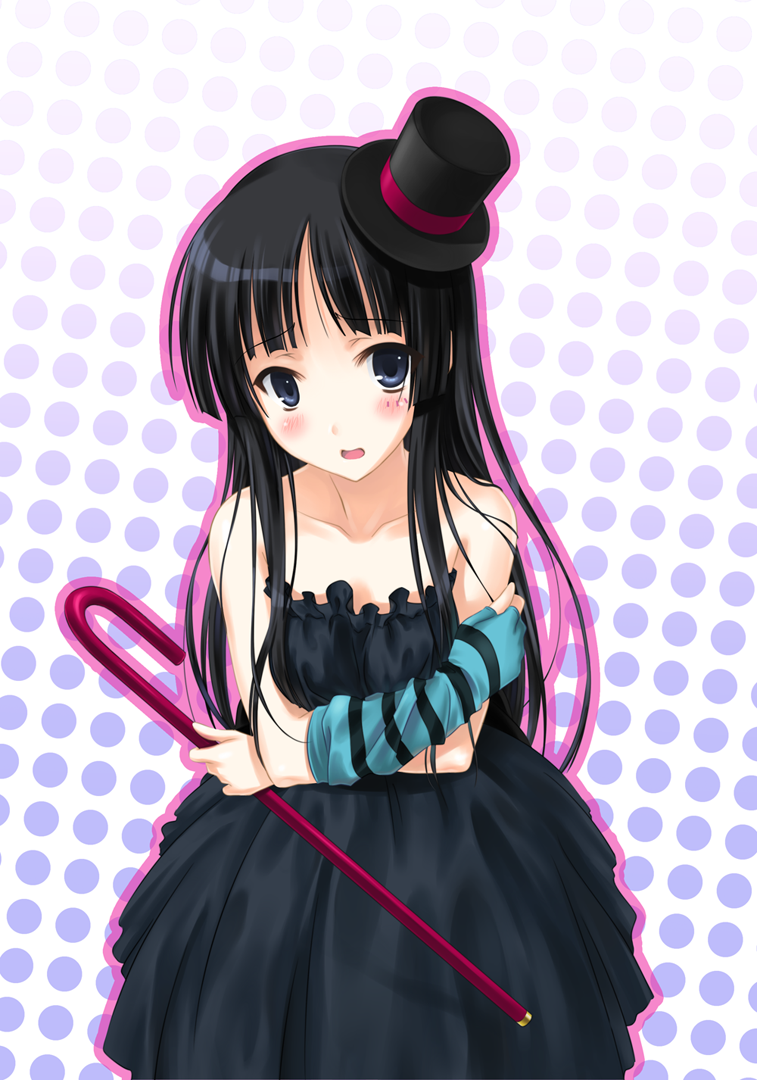 hiten (hitenkei), akiyama mio, don't say "lazy", k-on!, artist request, bad id, bad pixiv id, 00s, 1girl, black hair, blunt bangs, blush, cowboy shot, female focus, gothic lolita, hat, hime cut, lolita fashion, long hair, mini hat, mini top hat, polka dot, solo, top hat