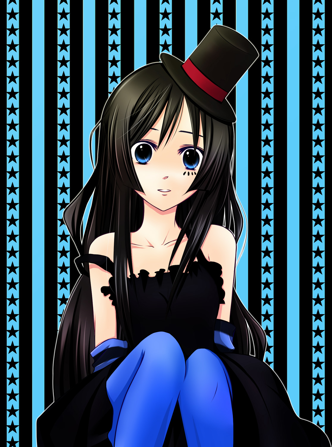 agi (kankarado), akiyama mio, don't say "lazy", k-on!, highres, 00s, 1girl, bare shoulders, black hair, blue eyes, blue pantyhose, blunt bangs, camisole, dress, elbow gloves, facepaint, female focus, gloves, gothic lolita, hat, hime cut, lolita fashion, long hair, mini hat, mini top hat, pantyhose, sitting, solo, star (symbol), strap slip, top hat