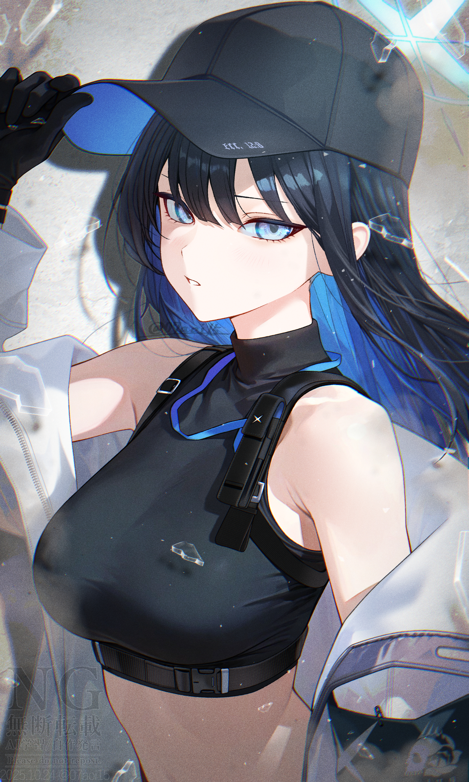 aoi (07aoi15), saori (blue archive), blue archive, absurdres, commentary request, highres, 1girl, bare shoulders, baseball cap, black gloves, black hair, black hat, blue eyes, blue hair, blue halo, breasts, broken glass, coat, colored inner hair, crop top, cropped shirt, glass, glass shards, gloves, halo, hat, long hair, looking at viewer, midriff, multicolored hair, off shoulder, open clothes, open coat, shards, solo, upper body, white coat