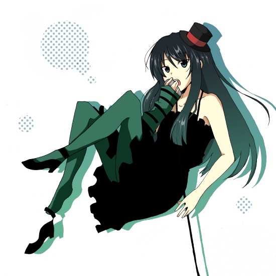 anzu (artist), akiyama mio, don't say "lazy", k-on!, striped, bad id, bad pixiv id, 00s, 1girl, black hair, blue pantyhose, blunt bangs, female focus, gothic lolita, hat, hime cut, lolita fashion, long hair, mini hat, mini top hat, pantyhose, shoe dangle, solo, top hat