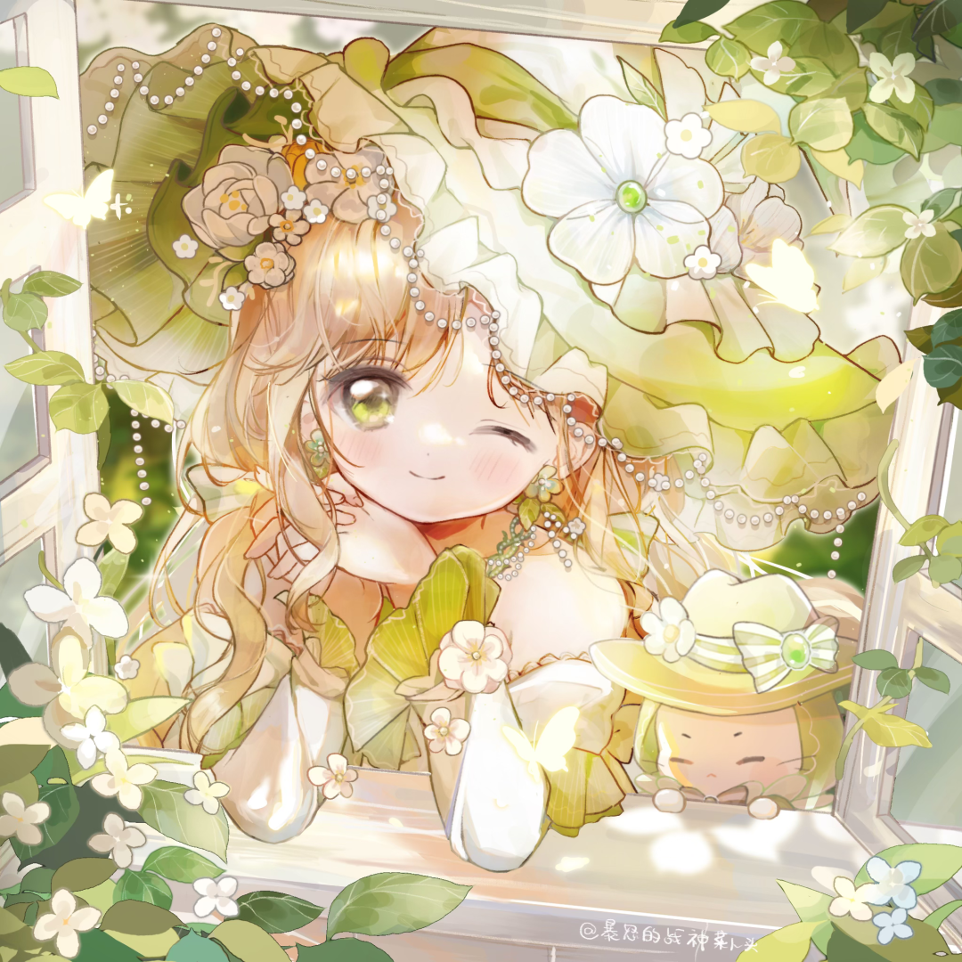 baonu de zhanshen caibutou, momo (nikki), infinity nikki, nikki (series), chinese commentary, commentary request, making-of available, 1girl, animal, artist name, bare shoulders, bead necklace, beads, bow, bowler hat, bowtie, brown hair, cat, cloak, closed eyes, clothed animal, collarbone, dappled sunlight, dress, earrings, eyelashes, flower, flower earrings, frilled headwear, frilled sleeves, frills, green bow, green bowtie, green cloak, green dress, green eyes, green flower, green hat, green theme, hair bow, hair flower, hair ornament, happy, hat, hat bow, hat flower, interlocked fingers, jewelry, layered sleeves, light particles, long hair, long sleeves, low twintails, necklace, official alternate costume, one eye closed, open window, own hands together, rainfall & blossoms (infinity nikki), rose, short over long sleeves, short sleeves, sidelocks, single stripe, solo, striped bow, striped bowtie, striped clothes, sunlight, sunset, tareme, twintails, two-tone bow, upper body, very long hair, wavy hair, white bow, white cat, white flower, window, witch, witch hat, yellow flower, yellow rose
