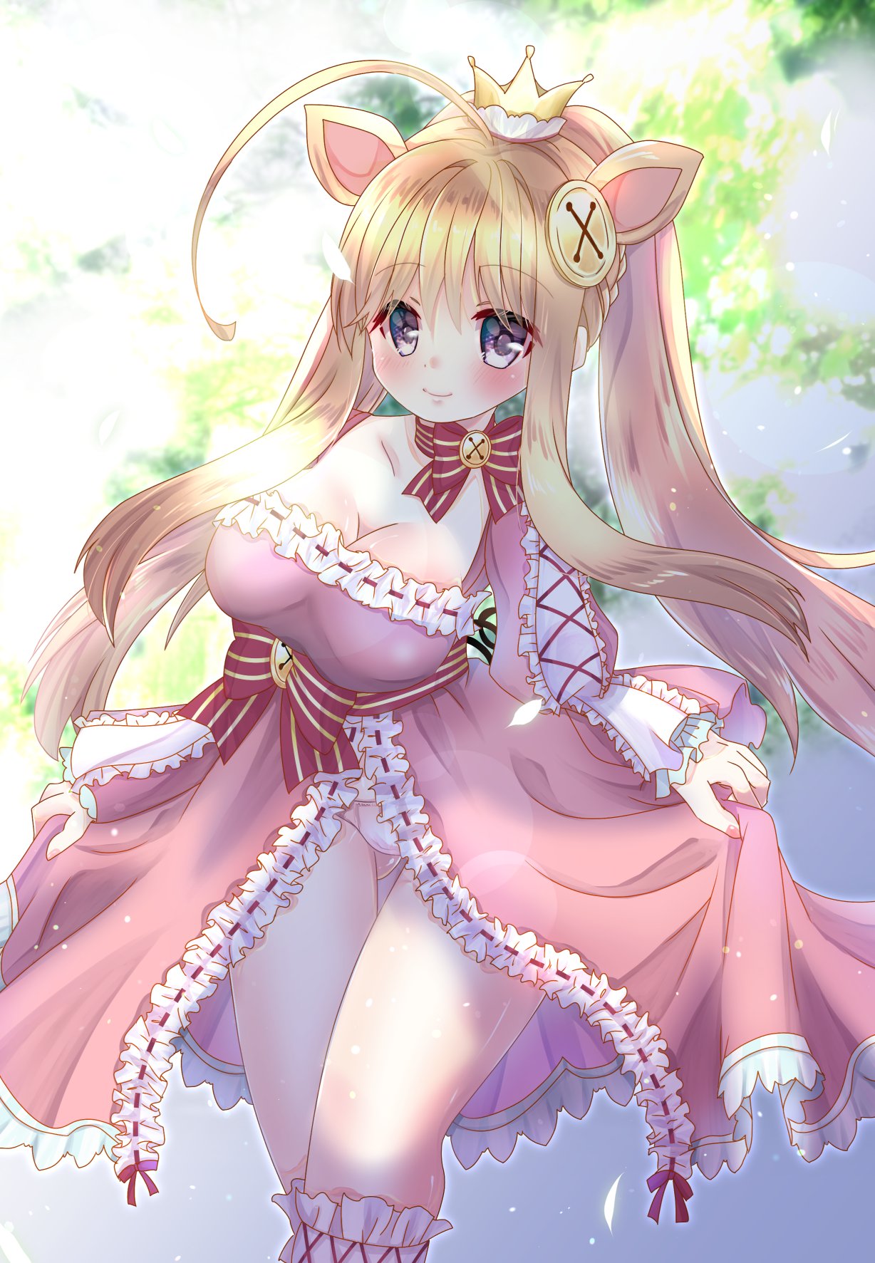 yukiomi kizuki, emil chronicle online, highres, 1girl, ahoge, animal ears, balloonpig alma, blonde hair, breasts, button hair ornament, choker, cleavage, cleavage cutout, clothing cutout, dress, frilled dress, frills, grey eyes, large breasts, long sidelocks, panties, pig ears, pig girl, pink dress, pink panties, ponytail, red ribbon, red sash, ribbon, ribbon choker, sash, sidelocks, skirt hold, solo, thighs, underwear