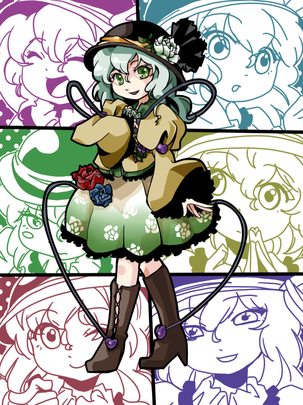 makako, makako (yume bouei shoujo tai), komeiji koishi, touhou, 1girl, blouse, boots, female focus, flower, green eyes, green hair, hat, heart, high heels, matching hair/eyes, one eye closed, pointing, rose, shirt, shoes, short hair, skirt, smile, solo