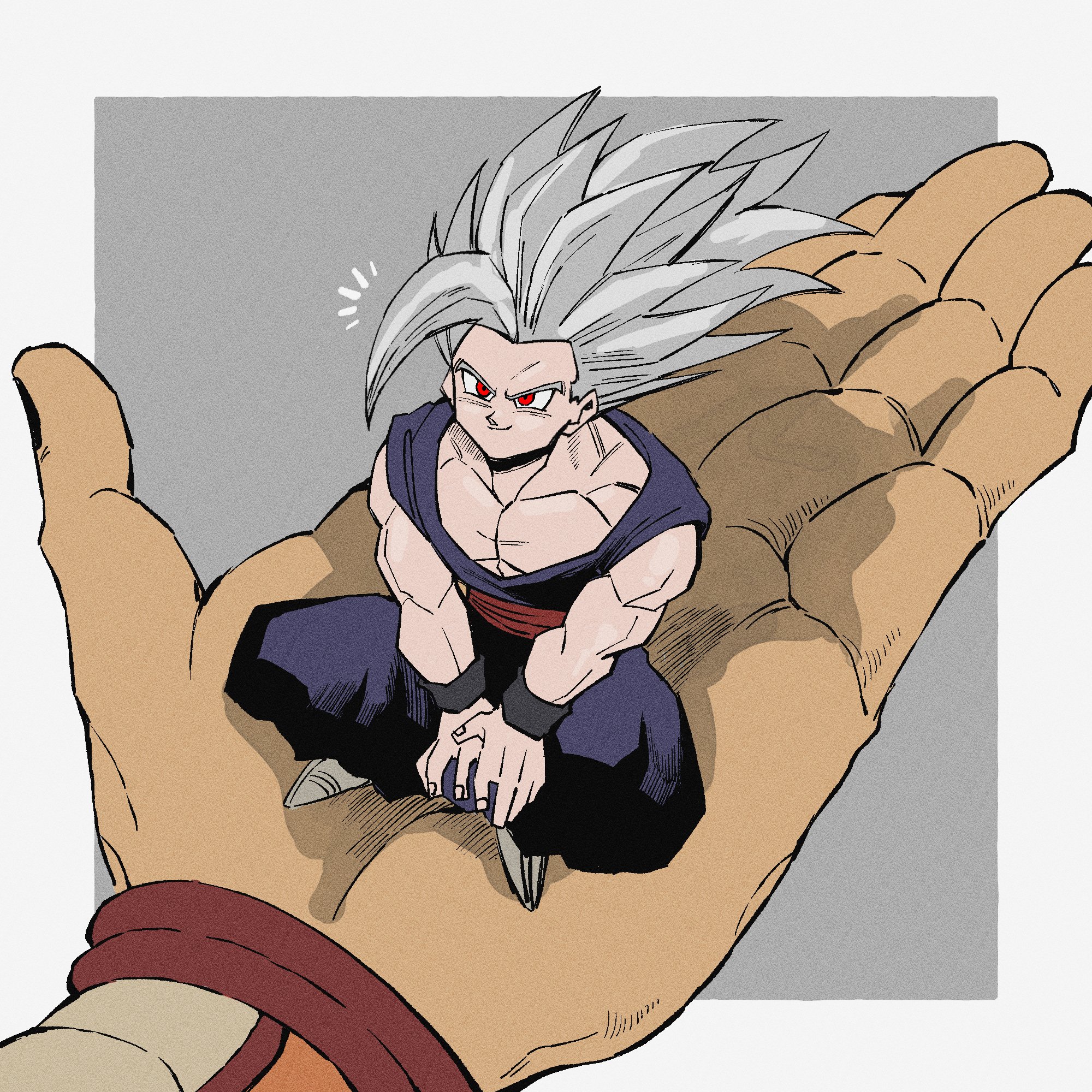 living (nsiring), orange piccolo, piccolo, dragon ball, dragon ball super, dragon ball super super hero, highres, 2boys, border, dougi, grey background, grey hair, long hair, multiple boys, muscular, muscular male, pants, purple pants, purple shirt, red eyes, red sash, sash, shirt, simple background, sitting, solo focus, spiked hair, white border