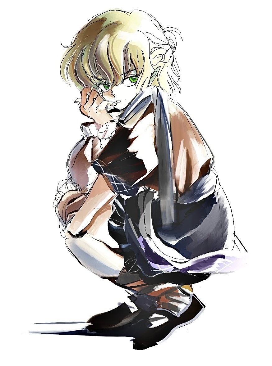 6osquet, mizuhashi parsee, touhou, 1990s (style), 1girl, arm warmers, black shoes, black skirt, blonde hair, brown shirt, faux retro artstyle, full body, green eyes, looking at viewer, mary janes, parted lips, pointy ears, retro artstyle, scarf, shirt, shoes, short hair, short sleeves, simple background, skirt, socks, solo, squatting, white background, white scarf, white socks