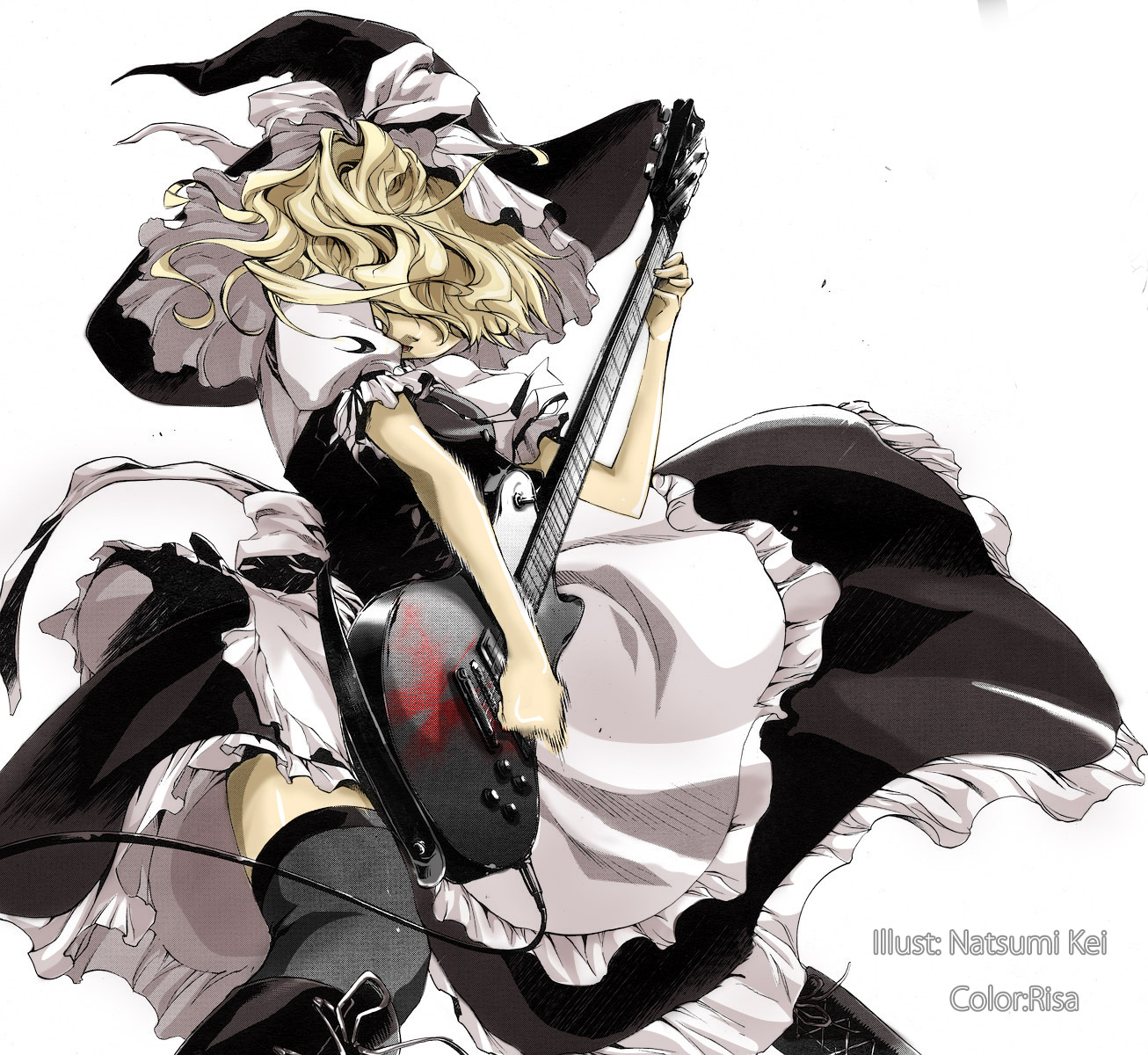 natsumi kei, natsumikei, kirisame marisa, ushiromiya jessica, touhou, turn of the golden witch, umineko no naku koro ni, colorized, highres, 1girl, apron, blonde hair, comic, cosplay, crossover, dress, electric guitar, female focus, frills, gibson les paul, guitar, hat, instrument, kirisame marisa (cosplay), long hair, music, ribbon, solo, thighhighs, witch, witch hat