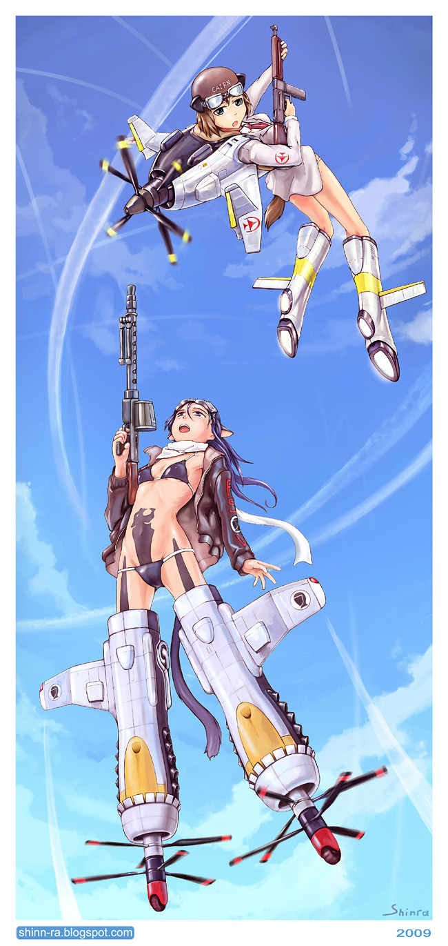 shinra (artist), kannami yuuichi, teacher (sky crawlers), strike witches, the sky crawlers, world witches series, highres, 2girls, aircraft, airplane, animal ears, bikini, bipod, contra-rotating propellers, drum magazine, goggles, gun, jacket, leather, leather jacket, luftwaffe, machine gun, magazine (weapon), mecha musume, mg 34, multiple girls, parody, propeller, striker unit, submachine gun, swimsuit, thompson submachine gun, weapon, wehrmacht