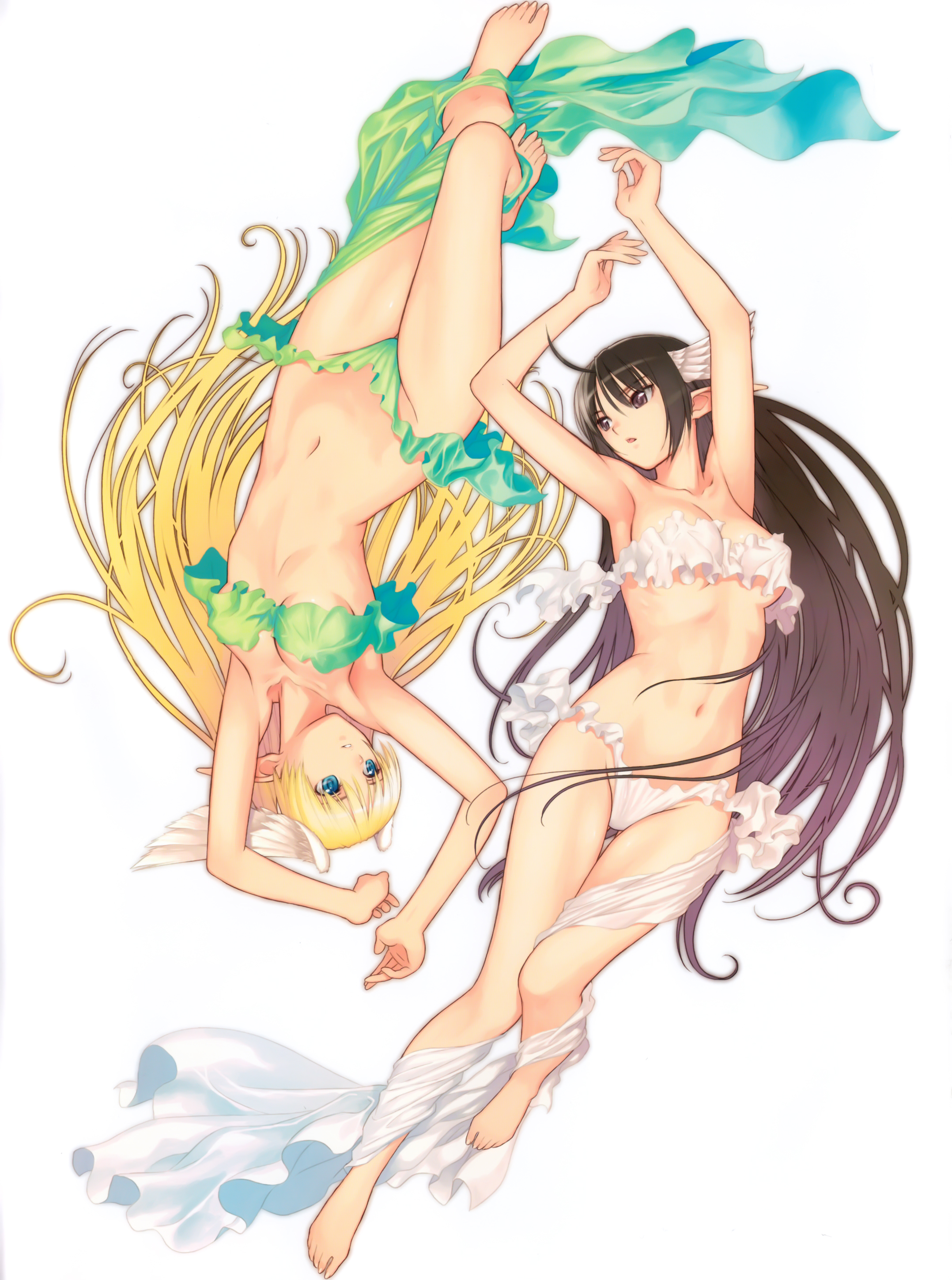 tony taka, elwing, xecty ein, sega, shining (series), shining tears, shining wind, absurdres, highres, official art, 2girls, armpits, barefoot, black eyes, black hair, blonde hair, blue eyes, bra, breasts, brown eyes, completely nude, feet, frilled bra, frilled panties, frills, head wings, legs, lingerie, long hair, long legs, multiple girls, navel, nude, panties, pointy ears, rotational symmetry, sarong, simple background, symmetry, thigh gap, thighs, topless female, underboob, underwear, underwear only, unworn sarong, very long hair, wings