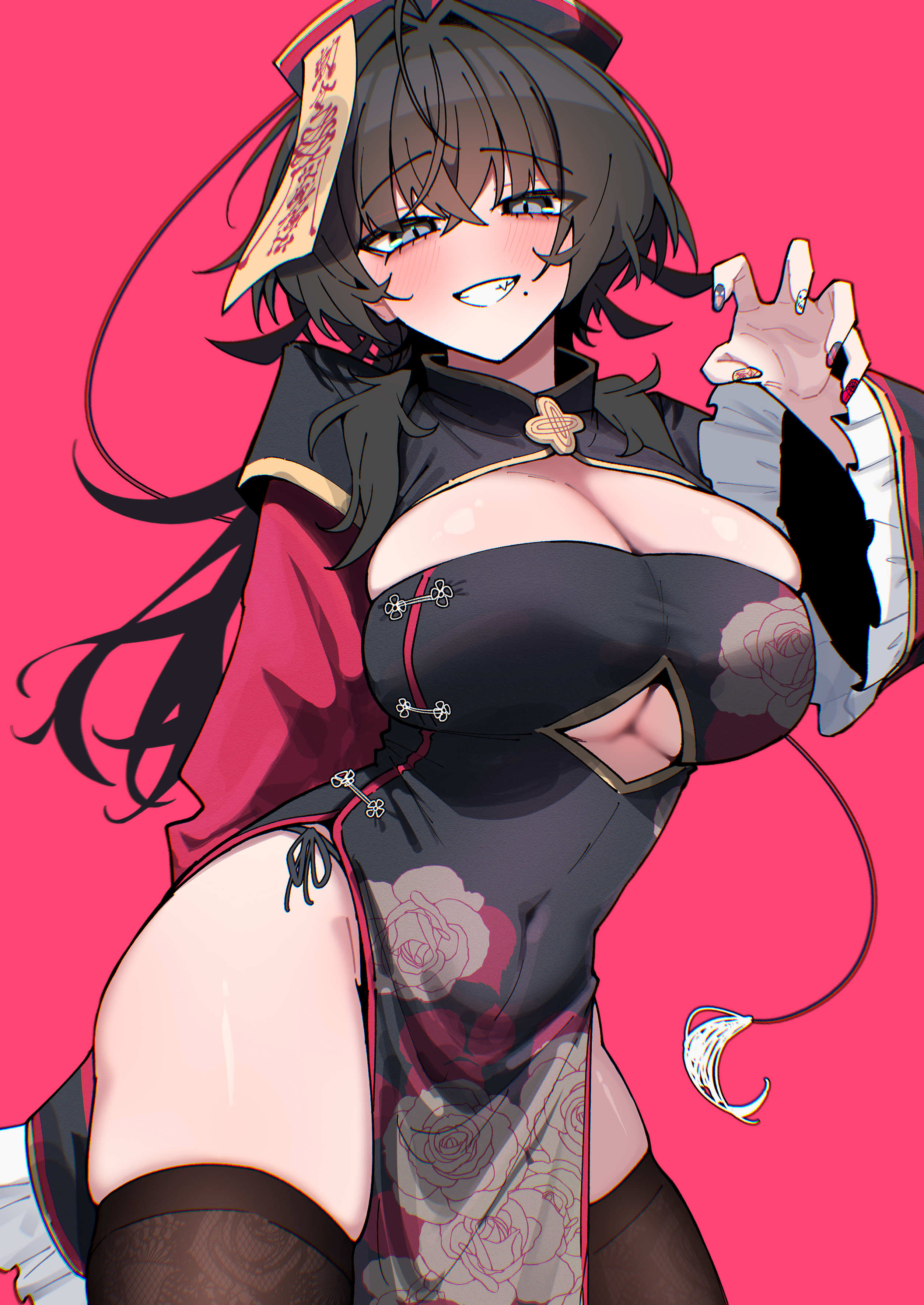 warabi mochi (w4rabimochi), original, absurdres, commentary request, highres, 1girl, black dress, black hair, black hat, black thighhighs, blue eyes, breasts, china dress, chinese clothes, cleavage, clenched teeth, covered navel, dress, fingernails, grin, hat, large breasts, long hair, looking at viewer, mole, mole under mouth, multicolored nails, nail polish, ofuda, pelvic curtain, qingdai guanmao, red background, saono suzu (warabi mochi (w4rabimochi)), simple background, smile, solo, standing, teeth, thighhighs, thighs