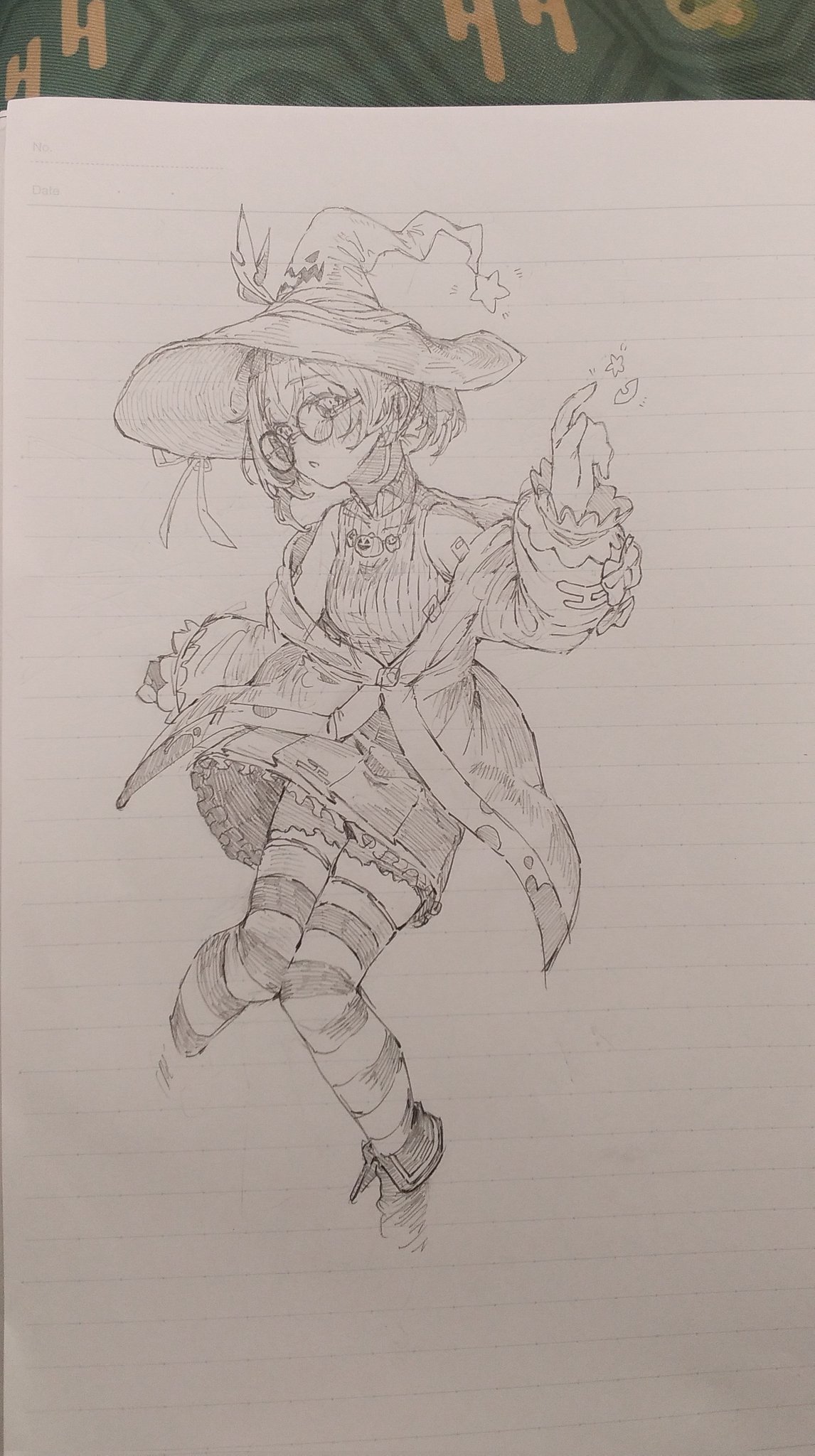 hitoderou, kazama iroha, hololive, commentary request, graphite (medium), highres, traditional media, 1girl, alternate costume, bare shoulders, bespectacled, breasts, cropped legs, glasses, greyscale, halloween costume, hand up, hat, hat ornament, hatching (texture), jack-o'-lantern, linear hatching, long sleeves, looking at viewer, medium hair, monochrome, outstretched arms, pleated skirt, round eyewear, shirt, simple background, sketch, skirt, sleeveless, sleeveless shirt, small breasts, solo, spread arms, star (symbol), star hat ornament, striped clothes, striped shirt, striped thighhighs, thighhighs, vertical-striped clothes, vertical-striped shirt, white background, witch hat, zettai ryouiki