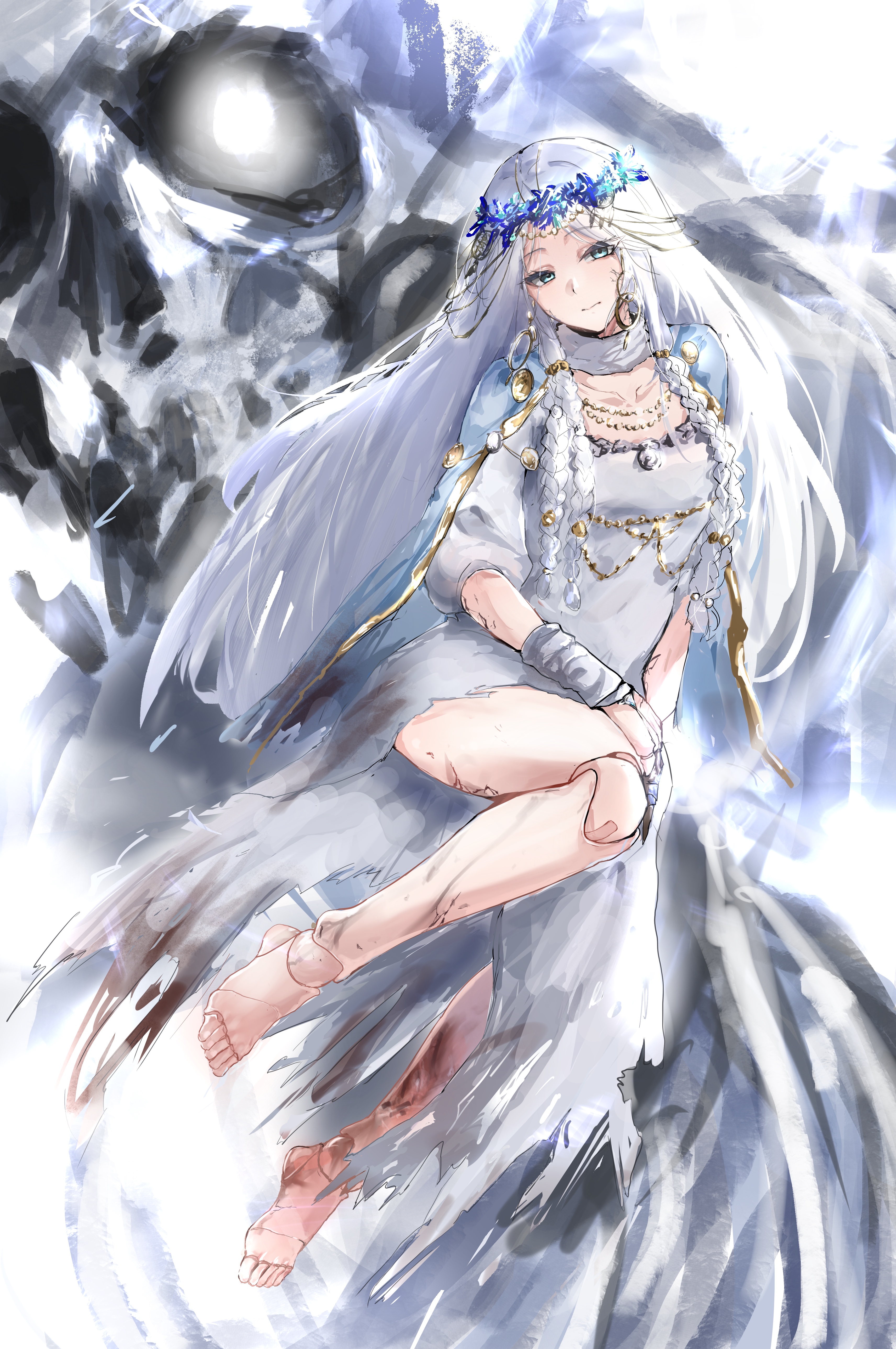 heiyan heiyan, revenant (elden ring), elden ring, elden ring nightreign, absurdres, commentary request, highres, revision, 1girl, braid, closed mouth, cracked skin, doll joints, dress, green eyes, head wreath, joints, long hair, looking at viewer, multiple braids, solo, torn clothes, torn dress, white dress, white hair