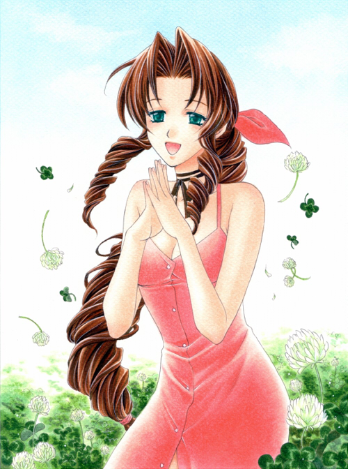 trimcolor, aerith gainsborough, final fantasy, final fantasy vii, square enix, bad id, bad pixiv id, jpeg artifacts, 1990s (style), 1girl, bare shoulders, bow, breasts, brown hair, cleavage, dress, drill hair, female focus, green eyes, long hair, pink bow, pink dress, ponytail, retro artstyle, solo, very long hair