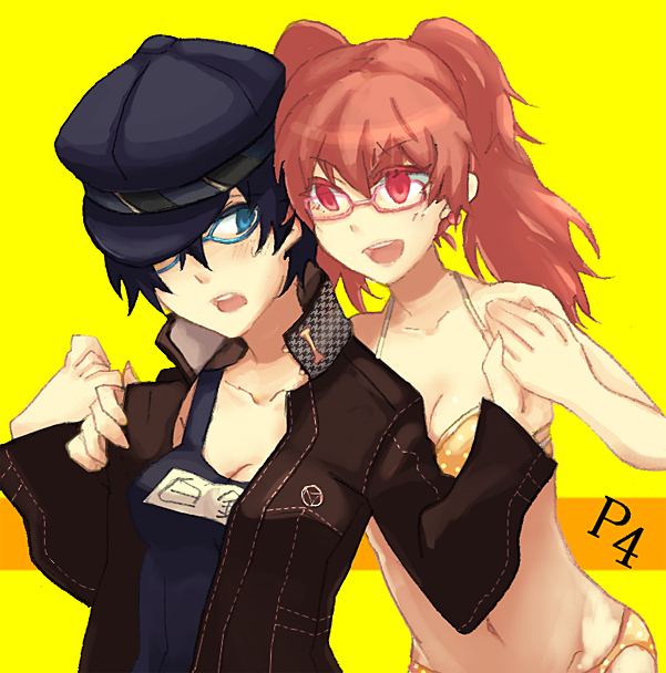 orangee, kujikawa rise, shirogane naoto, atlus, persona, persona 4, 2girls, androgynous, bikini, blue eyes, blue hair, breasts, cleavage, competition swimsuit, female focus, from behind, glasses, hat, multiple girls, one-piece swimsuit, red eyes, red hair, reverse trap, school swimsuit, string bikini, swimsuit, twintails