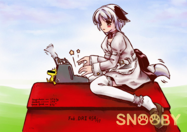 acea4, snoopy, woodstock, peanuts (comic), animal ears, beagle, censored, censored identity, choker, dog ears, personification, shoe dangle, tail, thighhighs, typewriter, zettai ryouiki