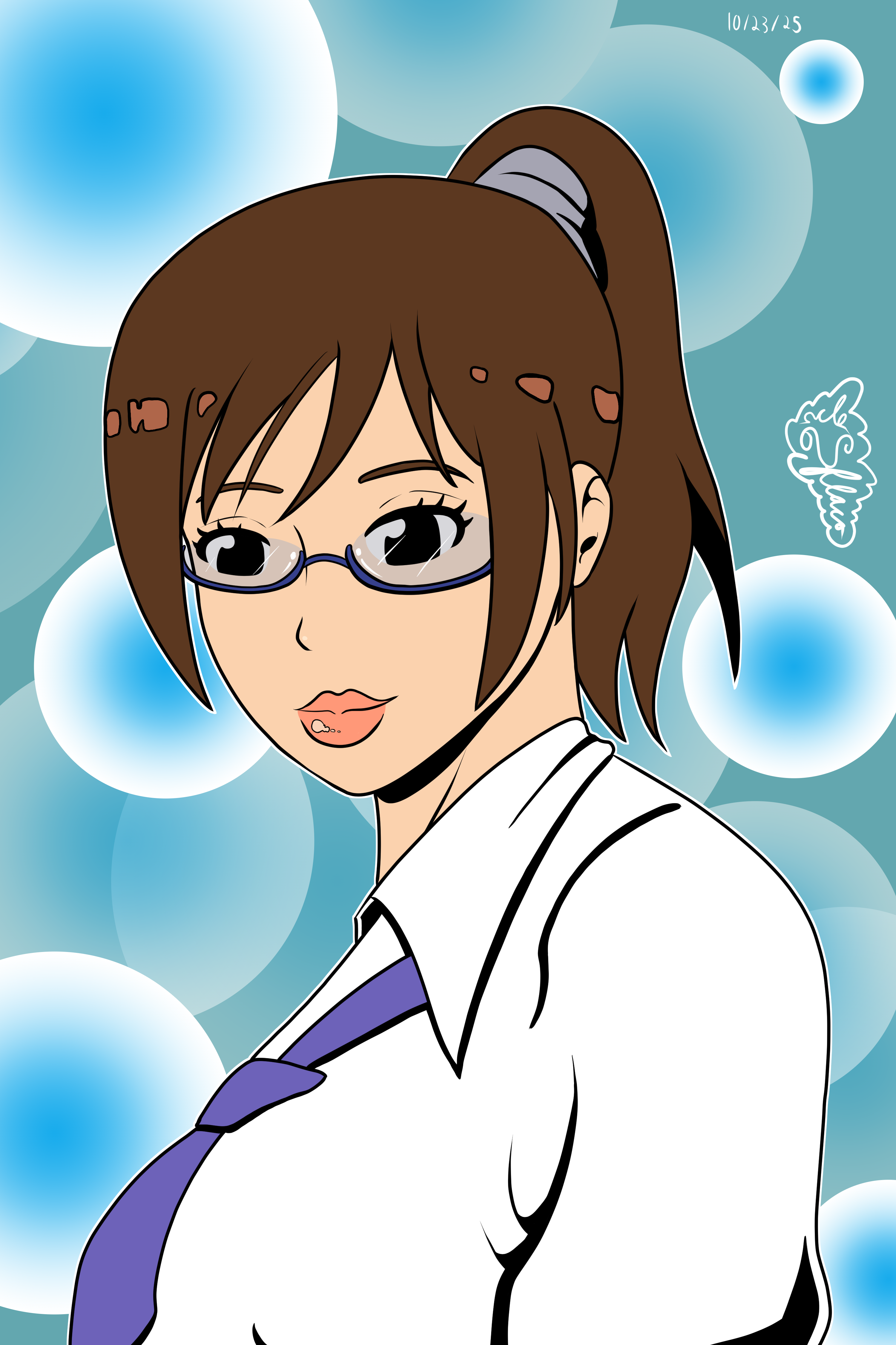 holon, absurdres, highres, non-web source, android, glasses, lips, lipstick, makeup, necktie, office lady, plump, ponytail, secretary