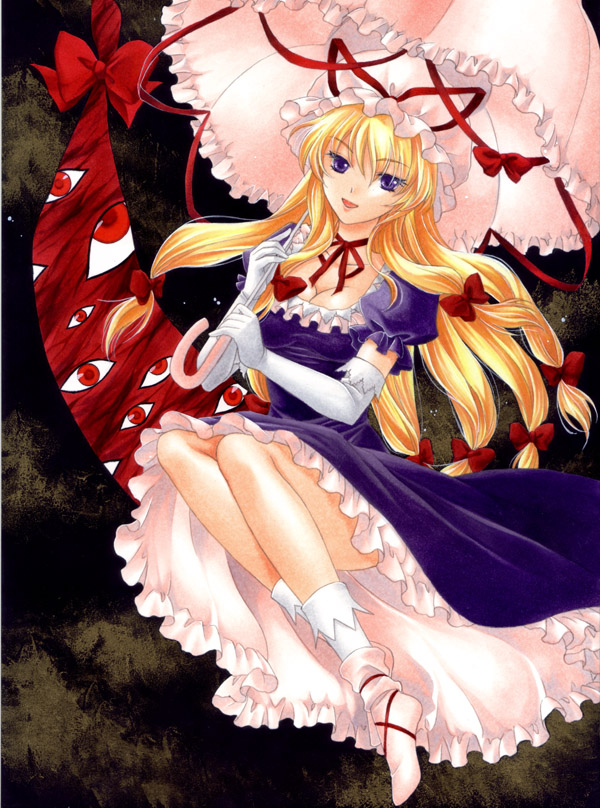 trimcolor, yakumo yukari, touhou, bad id, bad pixiv id, 1girl, blonde hair, breasts, cleavage, elbow gloves, female focus, gap (touhou), gloves, hair ribbon, hat, large breasts, long hair, purple eyes, ribbon, solo, umbrella, white gloves