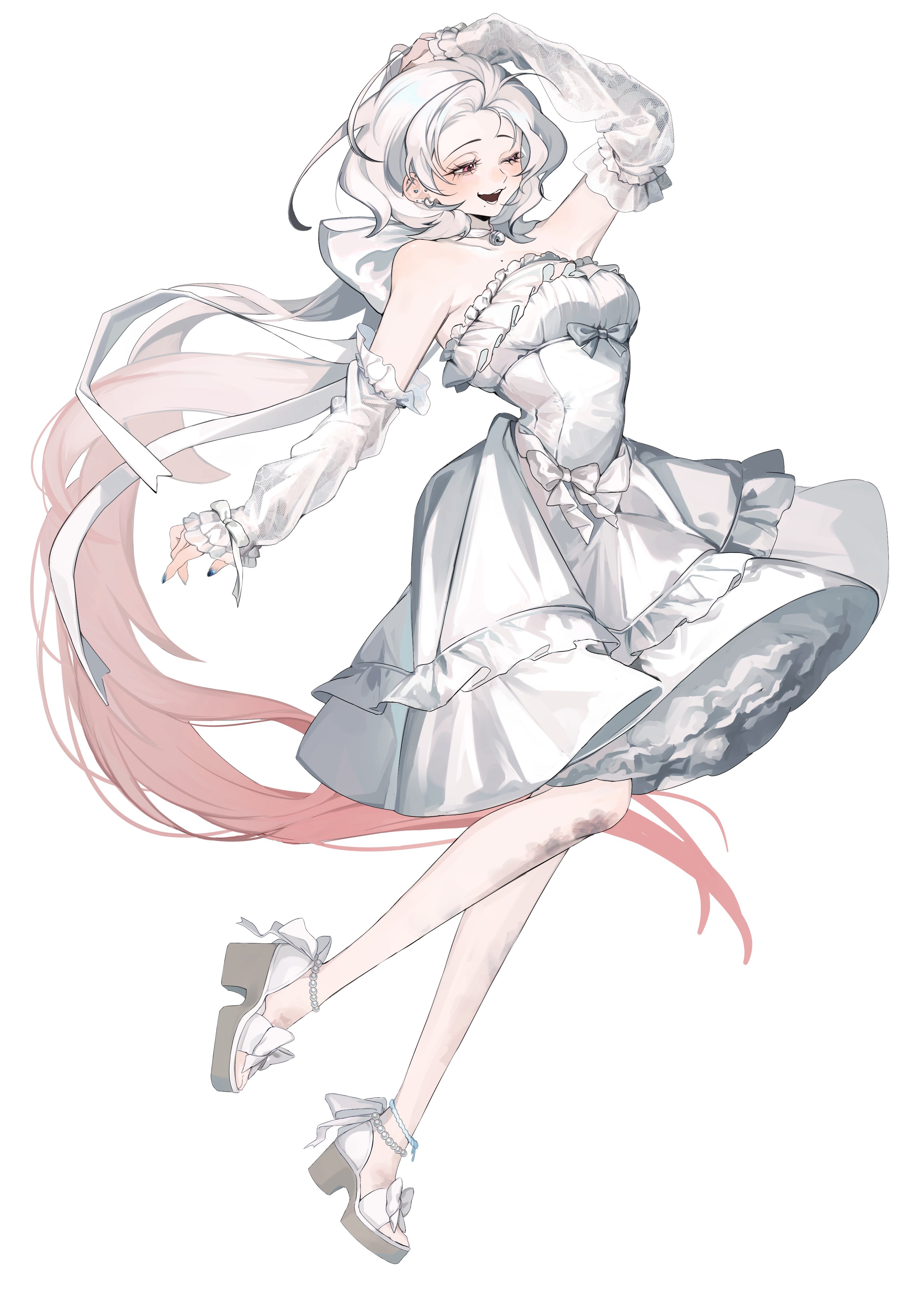 absurdres, character request, copyright request, highres, 1girl, blue nails, bow, dress, frilled dress, frills, gomi kamo, gradient hair, large bow, long hair, multicolored hair, off shoulder, one eye closed, open mouth, platform sandals, red eyes, red hair, sandals, solo, very long hair, white background, white bow, white dress, white hair