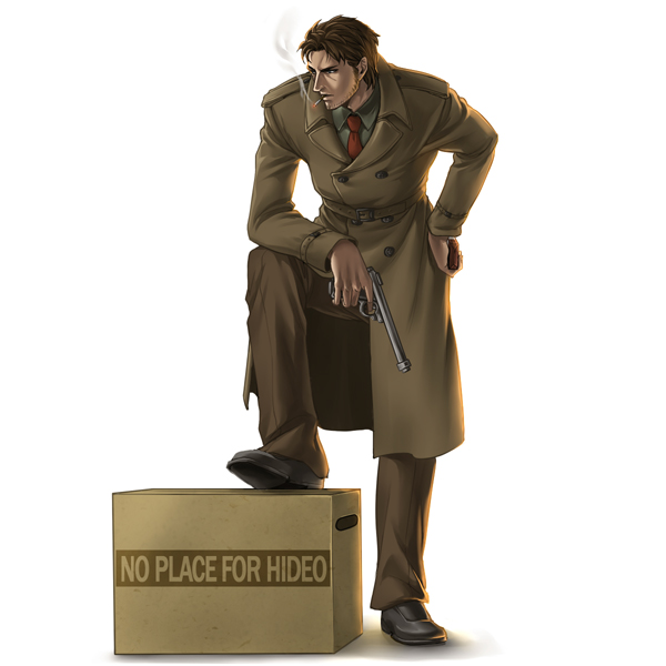 old snake, solid snake, konami, metal gear (series), metal gear solid, metal gear solid 4: guns of the patriots, snatcher, sturm, ruger & co., bad id, bad pixiv id, 1boy, box, brown hair, cardboard box, cigarette, coat, cosplay, gillian seed (cosplay), gun, handgun, male focus, necktie, on box, pistol, ruger mk ii, ruger standard, smoking, solo, suppressor, trench coat, weapon