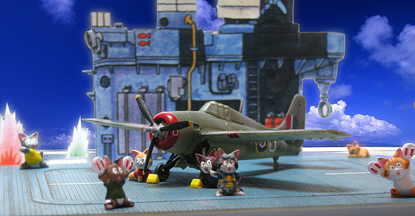 acea4, grumman f4f, grumman martlet, original, diorama (medium), papercraft (medium), photo (medium), unconventional media, aircraft, aircraft carrier, airplane, cat, day, figure, flight deck, military, military vehicle, model, no humans, propeller fighter, royal navy, ship, vehicle focus, warship, watercraft, world war ii