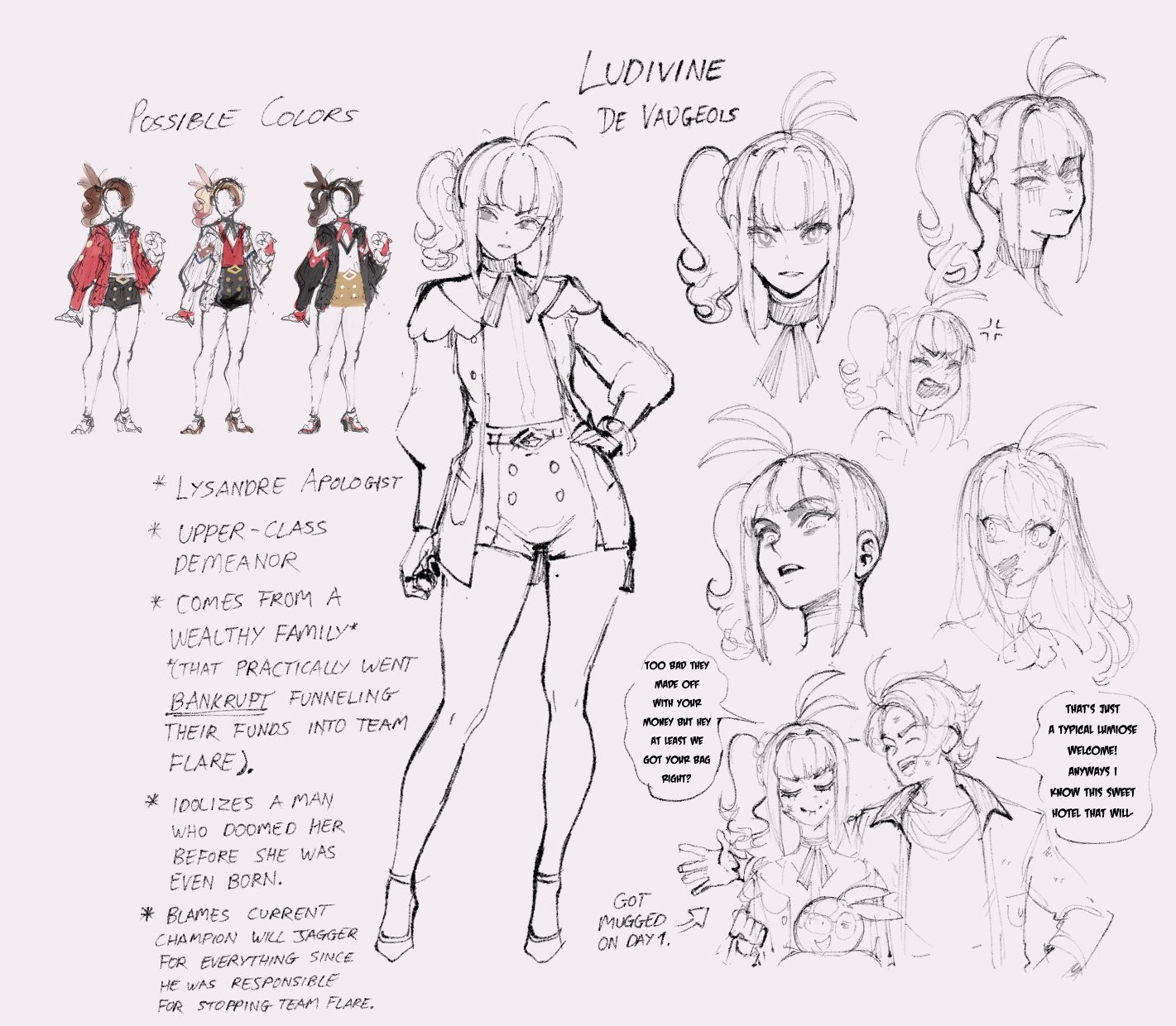 nyantcha, tepig, urbain (pokemon), nintendo, original, pokemon, pokemon legends: z-a, commentary, english commentary, highres, 1boy, 1girl, alternate hairstyle, angry, antenna hair, blood, breasts, english text, full body, gen 5 pokemon, hair down, hand on own hip, jacket, looking at viewer, multiple expressions, pokemon (creature), shirt, side ponytail, sketch, smile, speech bubble, standing