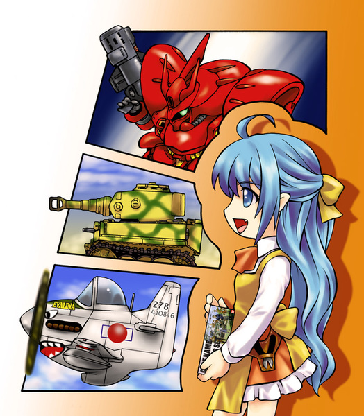 acea4, p-51 mustang, sazabi, char's counterattack, gundam, 1girl, ahoge, aircraft, airplane, apron, caterpillar tracks, chibi, escort fighter, fang, mecha, military, military vehicle, model, motor vehicle, propeller fighter, robot, tank, tiger i, vehicle focus, wehrmacht