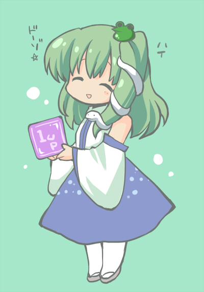 itte2, kochiya sanae, touhou, bad id, bad pixiv id, 1girl, 1up, ^ ^, chibi, closed eyes, detached sleeves, female focus, frog, full body, green hair, short hair, simple background, snake, solo, standing