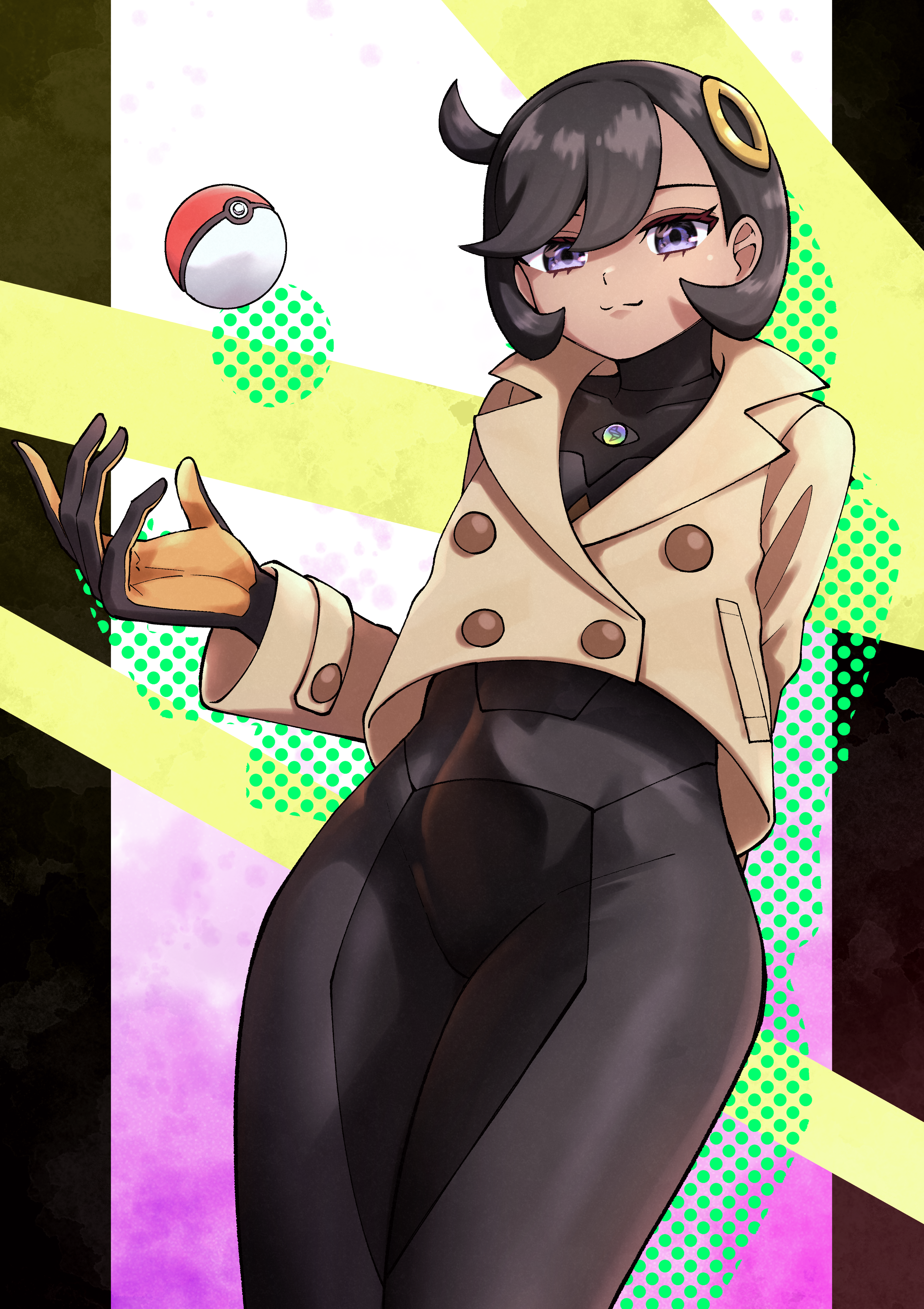 0827jona, emma (pokemon), nintendo, pokemon, pokemon legends: z-a, absurdres, commentary request, highres, 1girl, :3, aged up, arm behind back, black bodysuit, black gloves, black hair, bodysuit, bodysuit under clothes, brown jacket, closed mouth, cowboy shot, cowlick, dark-skinned female, dark skin, gloves, hair between eyes, hair ornament, jacket, latex, latex bodysuit, long sleeves, looking at viewer, mega stone, orange gloves, poke ball, poke ball (basic), purple eyes, short hair, sidelocks, smile, solo, standing, swept bangs, two-tone gloves