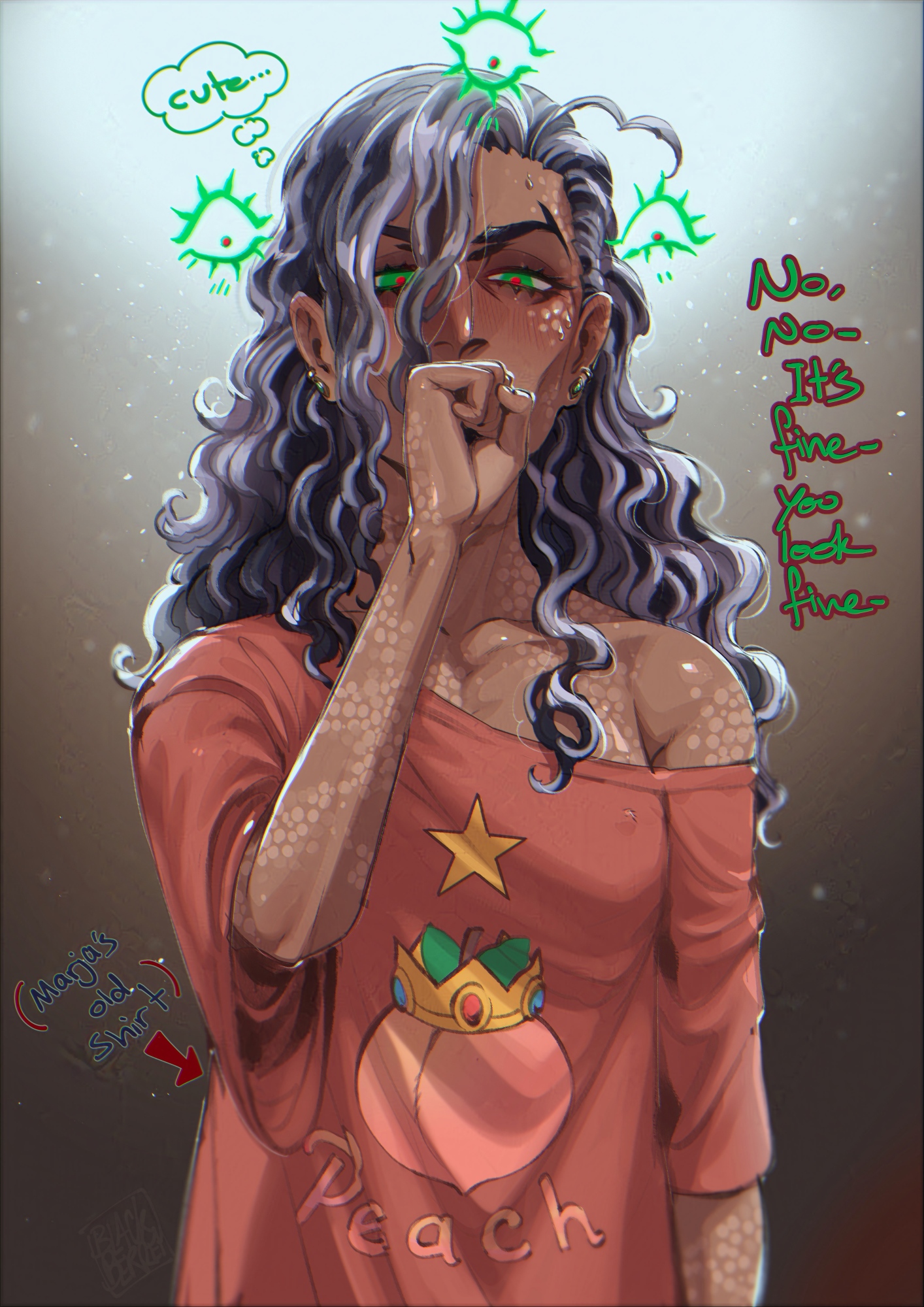 jonathan sims, the magnus archives, highres, 1girl, blackberreh-art, covered erect nipples, dark-skinned female, dark skin, earrings, english text, eyelashes, food, fruit, genderswap, genderswap (mtf), green eyes, grey hair, jewelry, multicolored hair, peach, red pupils, scar, scar on face, shirt, t-shirt, two-tone hair, wavy hair