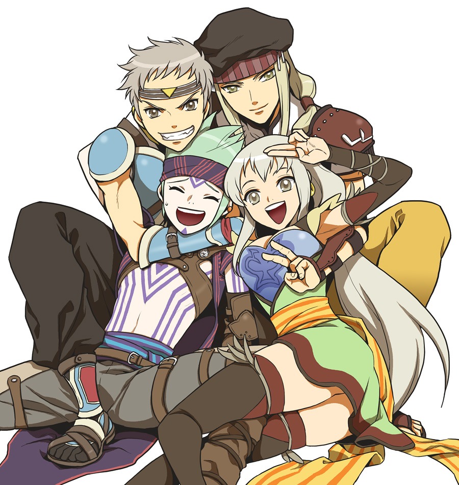hato niku, liu, hero (suikoden tierkreis), jale (suikoden), liu-shen, marica (suikoden), marica (suikoden tierkreis), gensou suikoden, gensou suikoden tierkreis, bad id, bad pixiv id, 1girl, 3boys, blonde hair, closed eyes, green hair, grey hair, headband, holding, laughing, multiple boys, smile, thighhighs