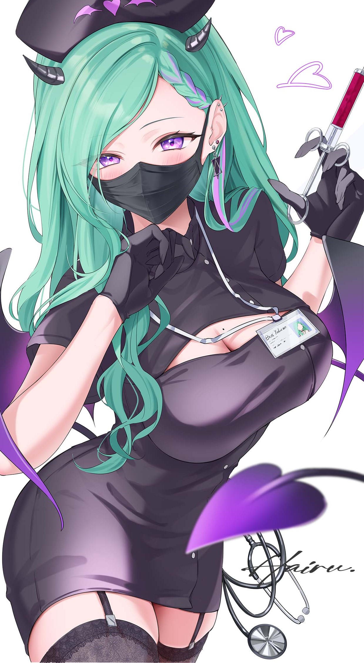 hairu 821, yakumo beni, vspo!, highres, 1girl, black gloves, breasts, cleavage, cleavage cutout, clothing cutout, demon girl, demon horns, demon tail, demon wings, earrings, garter straps, gloves, green hair, hat, holding, holding syringe, horns, jewelry, large breasts, long hair, mask, mole, mole on breast, mouth mask, multicolored hair, nurse, nurse cap, purple eyes, purple hair, solo, stethoscope, syringe, tail, thighhighs, virtual youtuber, wings