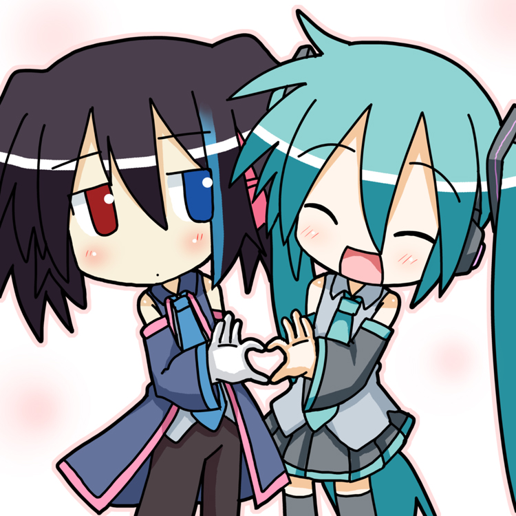 minami (colorful palette), chibi miku, hatsune miku, yokune ruko, utau, vocaloid, 2girls, aqua hair, aqua necktie, blouse, blue necktie, chibi, crossover, four-finger heart hands, gloves, heart, heart hands, heart hands duo, heterochromia, multiple girls, necktie, shirt, sleeveless, sleeveless shirt, twintails