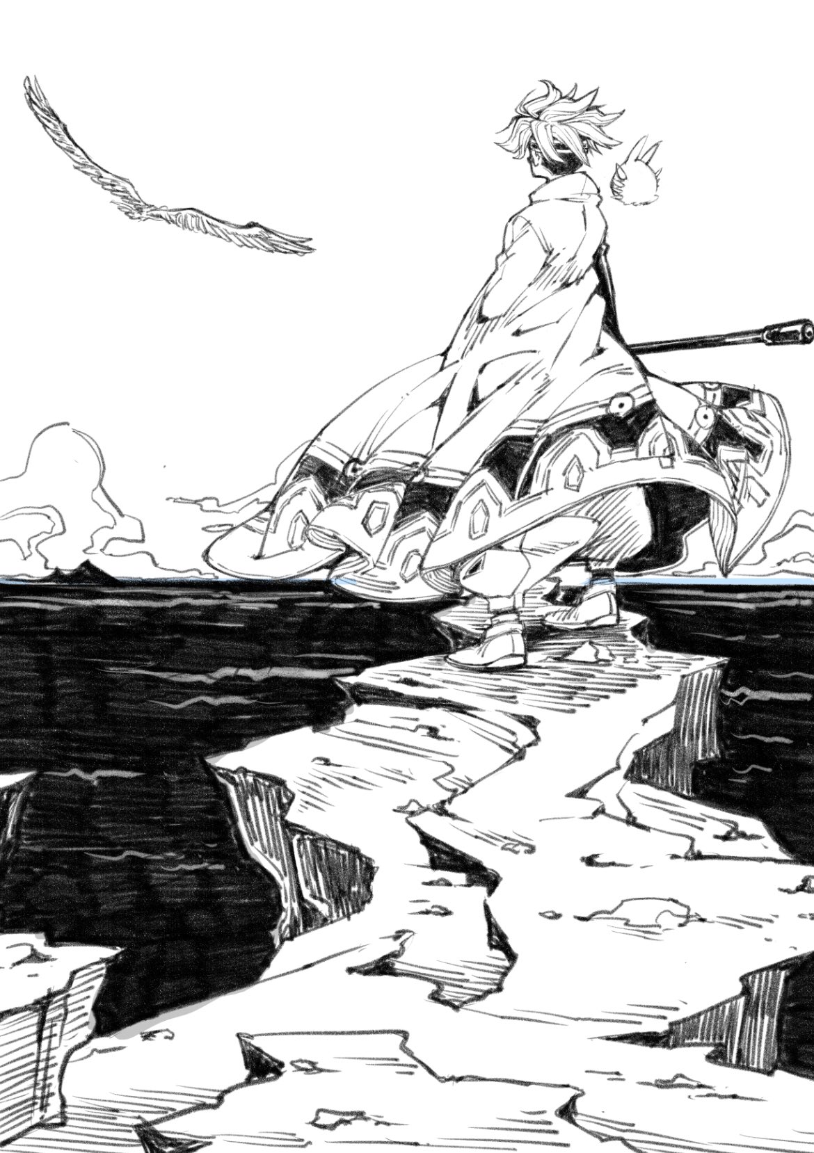 ark (tenchi souzou), tenchi souzou, commentary request, highres, 1boy, baggy pants, bird, cloak, creature, from behind, full body, greyscale, hatching (texture), headband, holding, holding staff, linear hatching, looking afar, male focus, monochrome, ocean, pants, saikin san, shoes, sketch, solo, spiked hair, staff, standing, wind