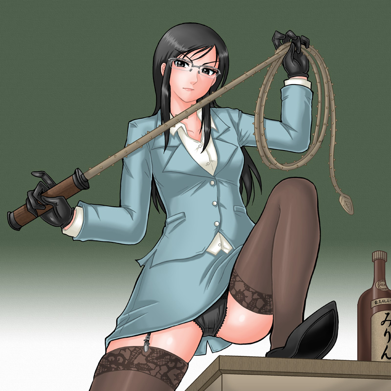 hamu agaki, tagme, black hair, black panties, glasses, gloves, long hair, panties, teacher, underwear, upskirt, whip