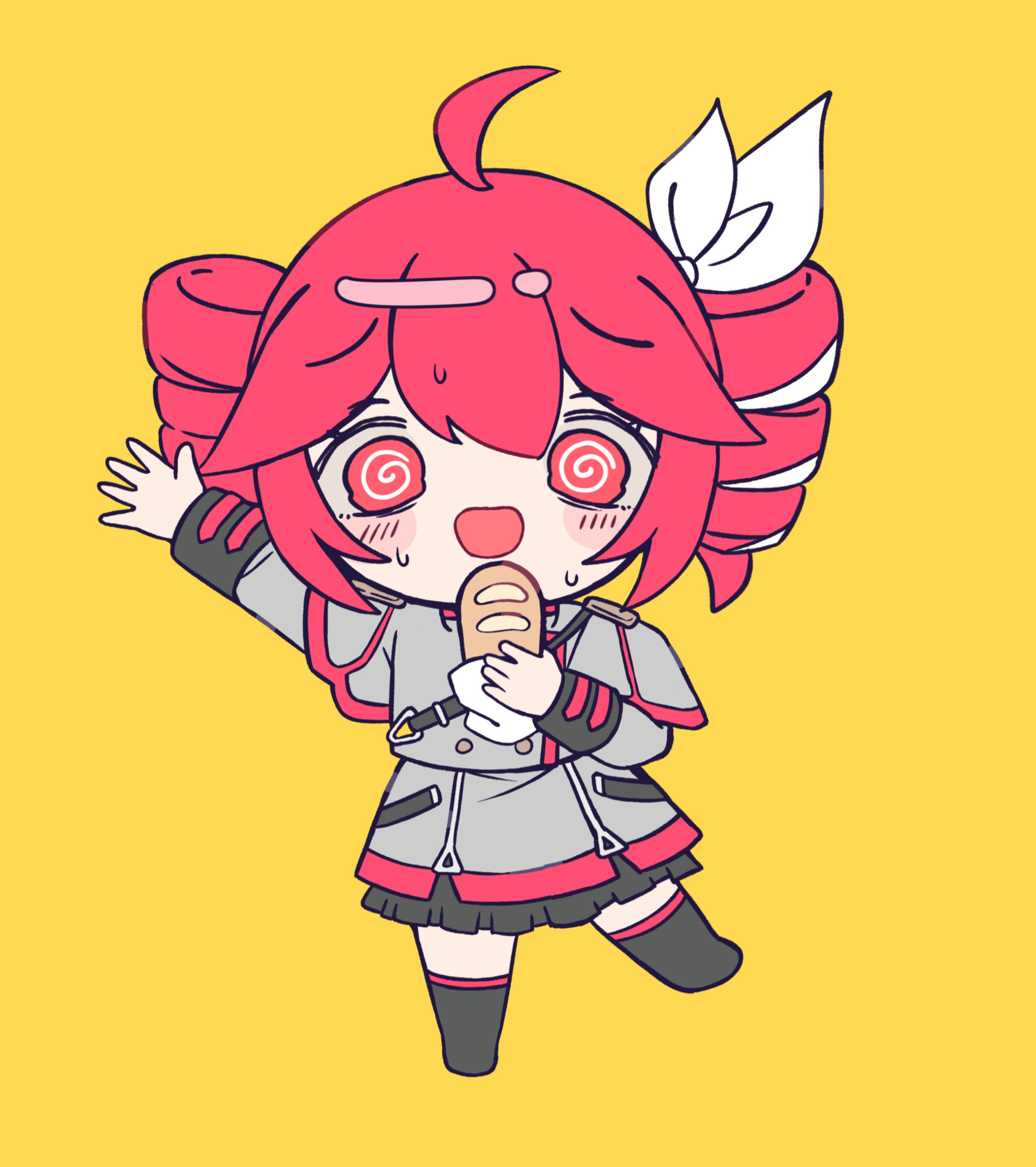 melonbread, kasane teto, kasane teto (sv), synthesizer v, tetoris (synthesizer v), utau, absurdres, commentary, english commentary, highres, 1girl, :d, @ @, ahoge, arm up, baguette, black thighhighs, blush, blush stickers, bread, buttons, double-breasted, drill hair, food, frilled skirt, frills, full body, grey jacket, grey skirt, hair between eyes, hair ribbon, hand up, holding bread, jacket, long hair, long sleeves, open mouth, red eyes, red hair, red trim, ribbon, shoulder belt, shoulder boards, simple background, skirt, smile, solo, standing, standing on one leg, sweat, thighhighs, twin drills, white ribbon, yellow background