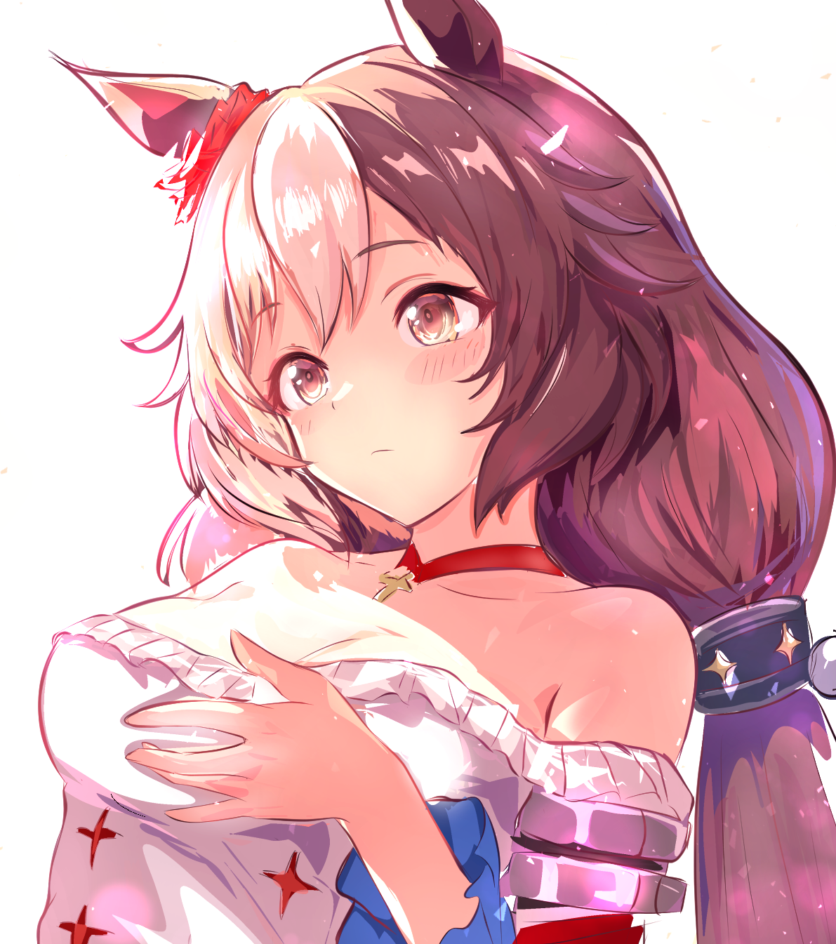 kanon (user rrhr4244), yamanin zephyr (umamusume), umamusume, commentary request, highres, 1girl, animal ears, bare shoulders, breasts, brown eyes, brown hair, choker, cleavage, horse ears, horse girl, long hair, medium breasts, multicolored hair, red choker, solo, two-tone hair, upper body, white hair