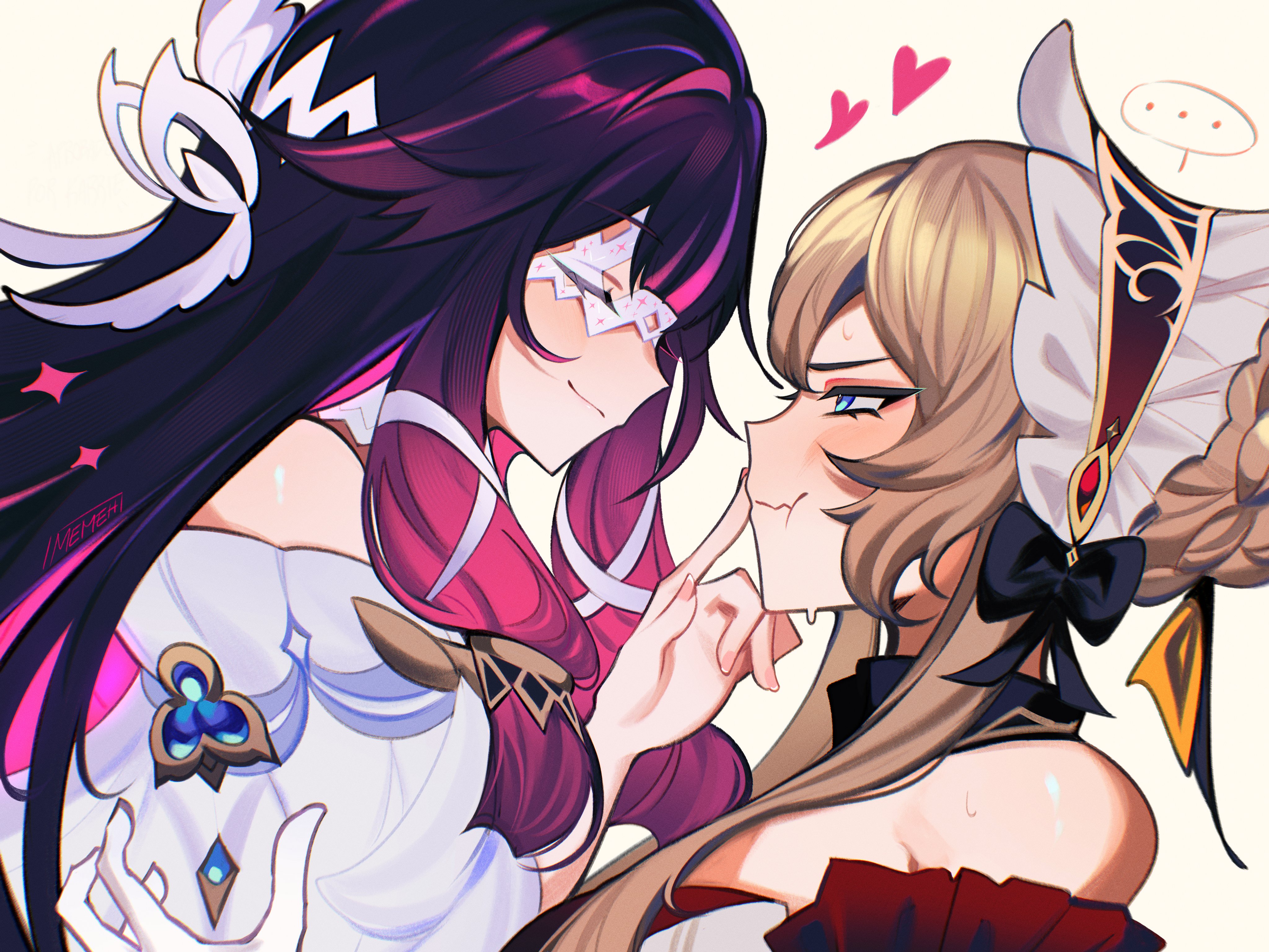 memeh, columbina (genshin impact), sandrone (genshin impact), genshin impact, absurdres, highres, 2girls, :t, bare shoulders, black hair, brown hair, facing another, finger to another's mouth, from side, long hair, looking at another, multiple girls, profile, purple hair, upper body