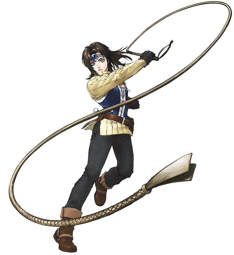 lorelai (suikoden), gensou suikoden, gensou suikoden v, headwear request, official art, 1girl, arm up, belt, belt buckle, black gloves, black pants, blue eyes, boots, breasts, brown hair, buckle, facing viewer, female focus, gloves, hand up, headband, holding, holding weapon, holding whip, leg up, long sleeves, looking to the side, outstretched arm, pants, parted lips, shirt, shoes, short hair, simple background, solo, standing, standing on one leg, striped clothes, striped shirt, tiara, vest, weapon, whip, white background