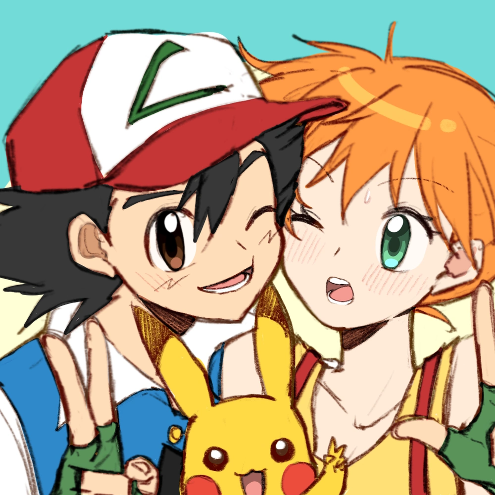 ash ketchum, misty (pokemon), pikachu, nintendo, pokemon, pokemon (anime), pokemon (classic anime), pokemon rgby, 1boy, 1girl, ;d, baseball cap, black hair, blush, brown eyes, cheek-to-cheek, collarbone, double v, fingerless gloves, gen 1 pokemon, gloves, green eyes, green gloves, hair between eyes, hat, heads together, jacket, one eye closed, open mouth, orange hair, pokemon (creature), ponytail, shirt, short hair, shorts, side ponytail, smile, suspenders, tank top, teeth, upper body, v, w, yellow shirt, yellow tank top