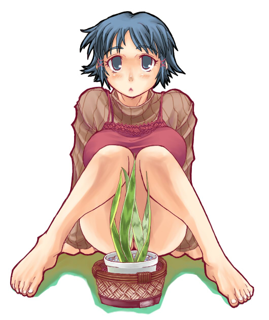 blue (ao maru), fushimi yukari, routes, 1girl, barefoot, blue eyes, blue hair, censored, convenient censoring, feet, female focus, matching hair/eyes, no panties, plant, short hair, solo, upskirt