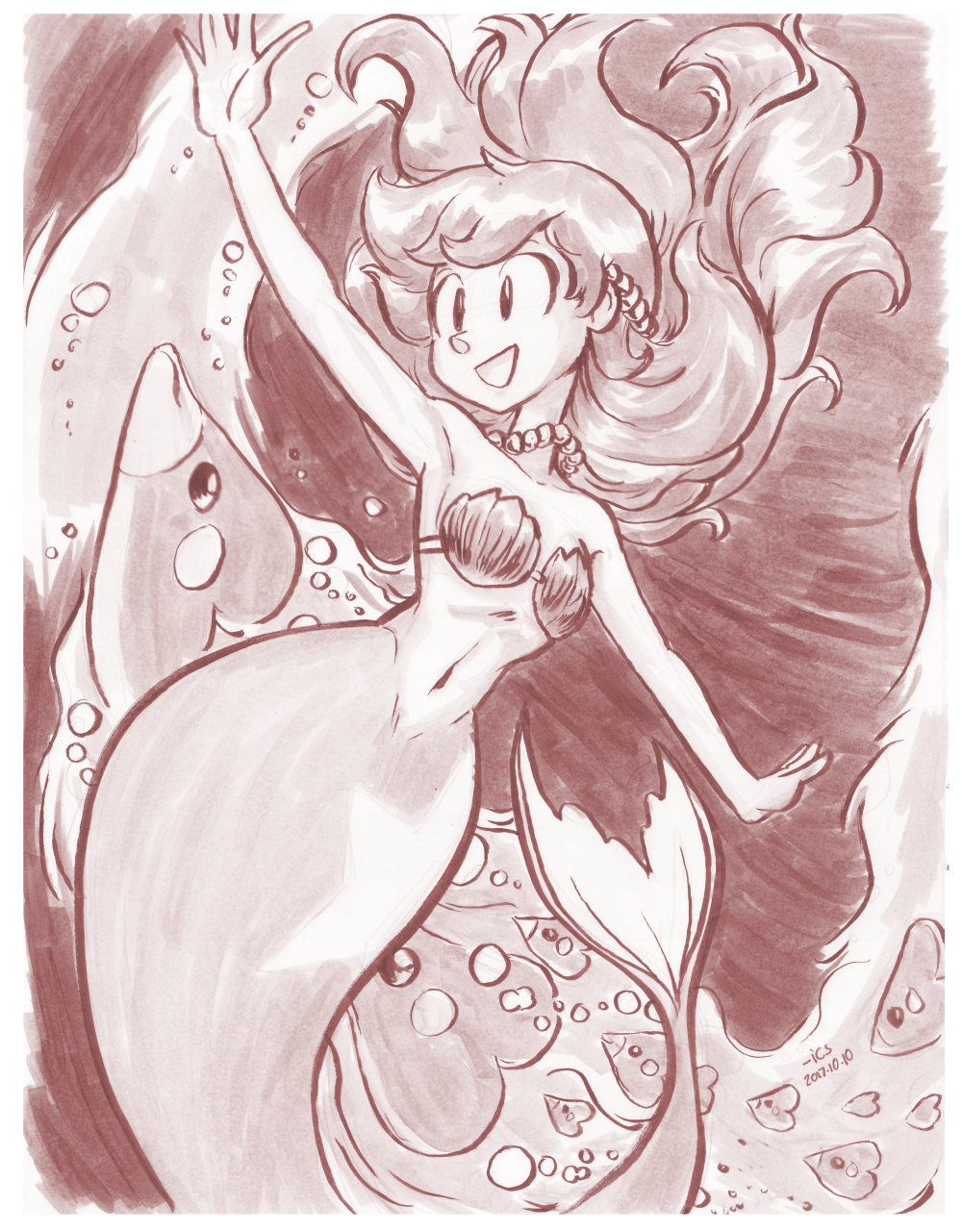luvdisc, mermaid misty (pokemon), misty (pokemon), nintendo, pokemon, pokemon (anime), pokemon (classic anime), pokemon rgby, highres, 1girl, :d, air bubble, bikini, breasts, bubble, fish, floating hair, gen 3 pokemon, hair ornament, jewelry, long hair, mermaid, monster girl, monsterification, navel, necklace, open mouth, outstretched arms, pearl necklace, shell, shell bikini, smile, solo, swimsuit, tran4of3, underwater