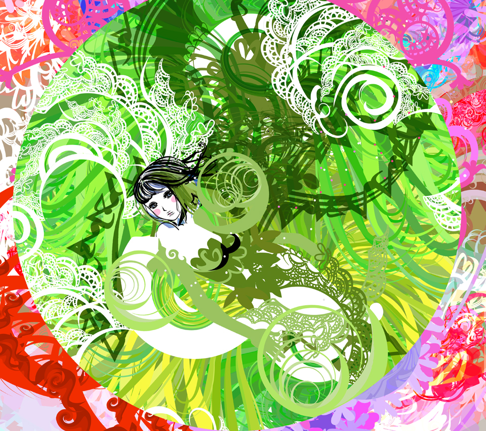kazaana, abstract, blush, colorful, dress, long hair, psychedelic, solo