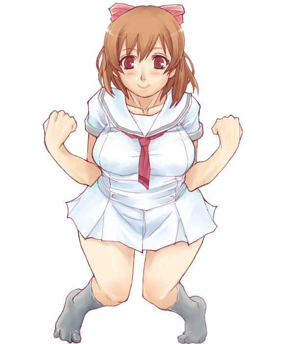 blue (ao maru), aoi minamo, real drive, 1girl, blush, bow, breasts, brown eyes, brown hair, female focus, full body, hair ribbon, looking at viewer, medium breasts, pink bow, plump, ribbon, smile, solo, standing