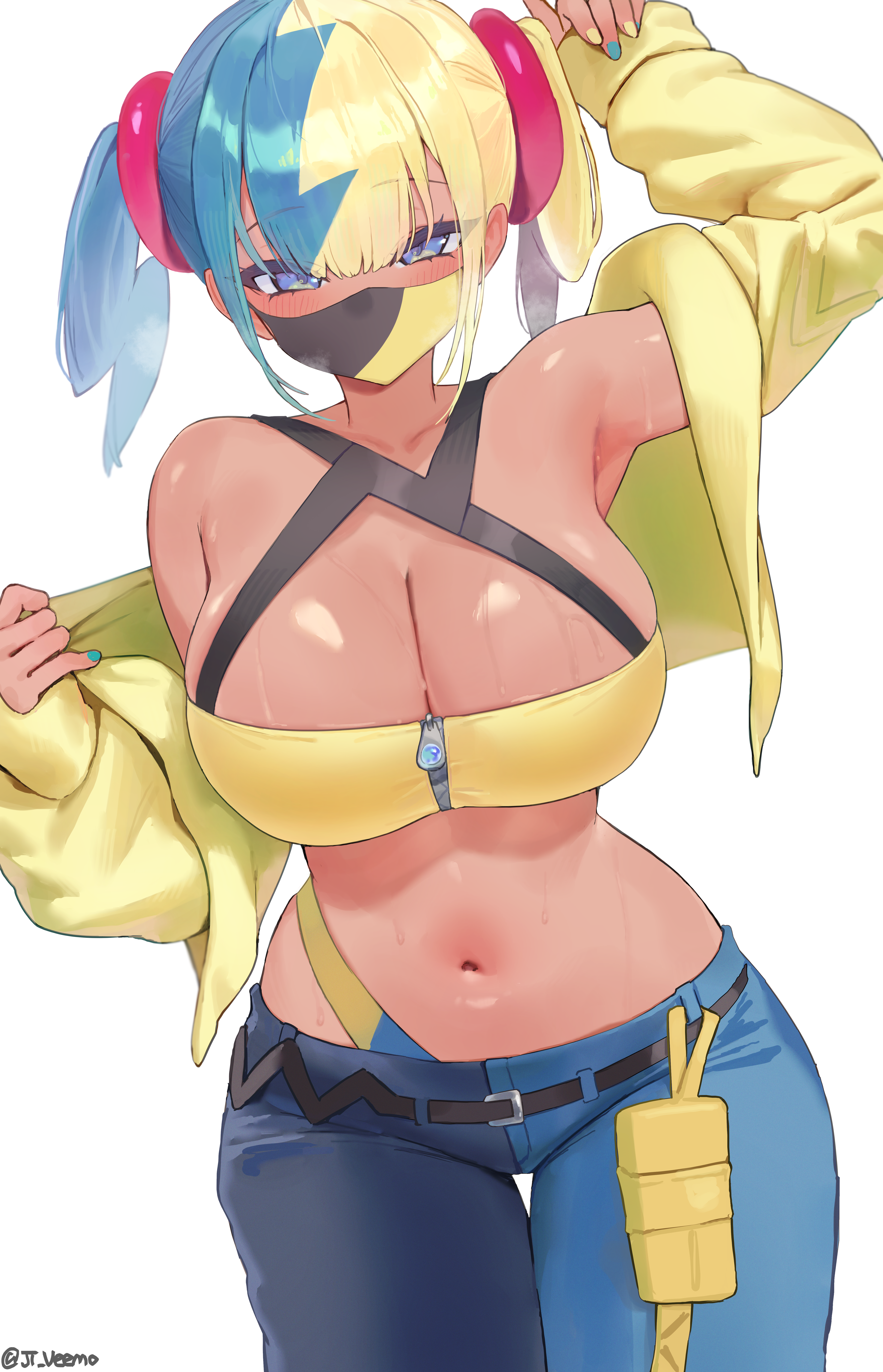 jtveemo, canari (pokemon), nintendo, pokemon, pokemon legends: z-a, absurdres, highres, 1girl, aqua nails, bandeau, black hair, black mask, black pants, blonde hair, blue eyes, blue hair, blue pants, breasts, cleavage, jacket, large breasts, looking at viewer, mask, mouth mask, multicolored hair, multicolored nails, nail polish, navel, pants, short hair, simple background, solo, sweat, tan, twintails, two-tone mask, two-tone pants, white background, yellow bandeau, yellow jacket, yellow mask, yellow nails