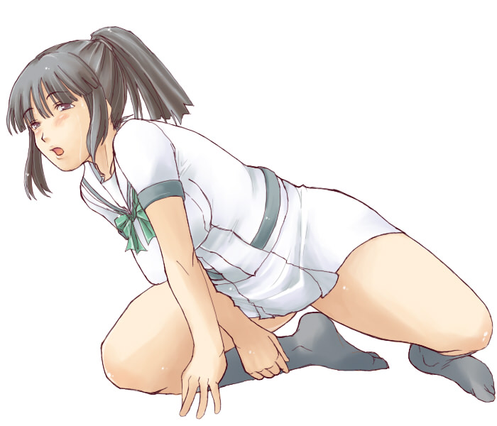 blue (ao maru), itou yukino, real drive, 1girl, black hair, breasts, female focus, full body, medium breasts, plump, ponytail, simple background, solo