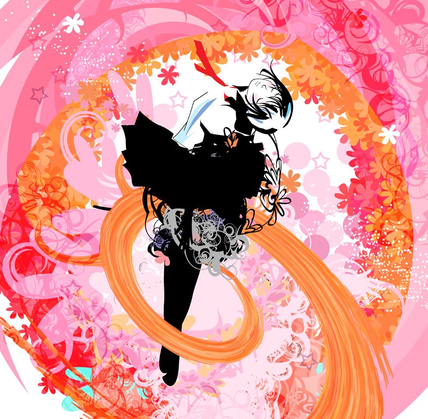 kazaana, abstract, blush, colorful, pantyhose, psychedelic, ribbon, school uniform, short hair, skirt, solo