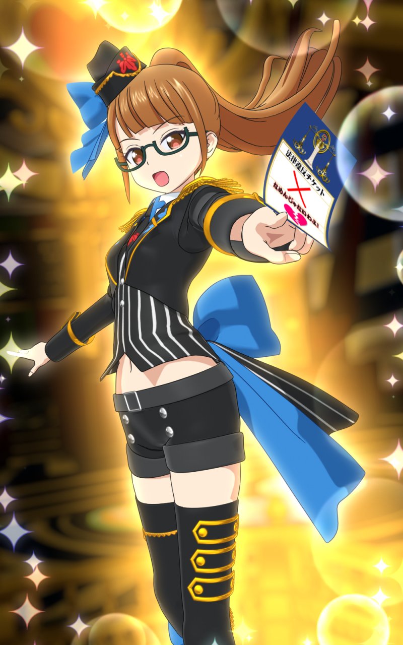 minami mirei, minami mirei (normal), pretty series, pripara, highres, official art, 1girl, 3d, black-framed eyewear, black shoes, black shorts, blue bow, blue ribbon, blunt bangs, bow, brown eyes, brown hair, glasses, glowing, holding, holding paper, idol clothes, long hair, looking at viewer, necktie, open mouth, otudane, paper, pointing, ponytail, ribbon, semi-rimless eyewear, shirt, shoes, short shorts, shorts, smile, solo, sparkle, sparkling aura, tying necktie, under-rim eyewear