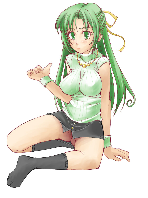 blue (ao maru), sonozaki shion, higurashi no naku koro ni, 00s, 1girl, breasts, female focus, female pubic hair, green eyes, green hair, green shirt, half updo, impossible clothes, impossible shirt, impossible sweater, large breasts, long hair, looking at viewer, matching hair/eyes, no panties, pencil skirt, pubic hair, pussy, ribbed sweater, shirt, skirt, socks, solo, sweater, upskirt, wristband