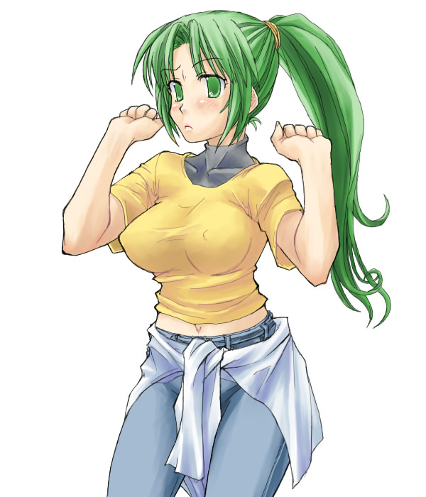blue (ao maru), sonozaki mion, higurashi no naku koro ni, 00s, 1girl, breasts, cleavage, covered erect nipples, denim, female focus, green eyes, green hair, jeans, large breasts, matching hair/eyes, midriff, navel, pants, ponytail, simple background, solo